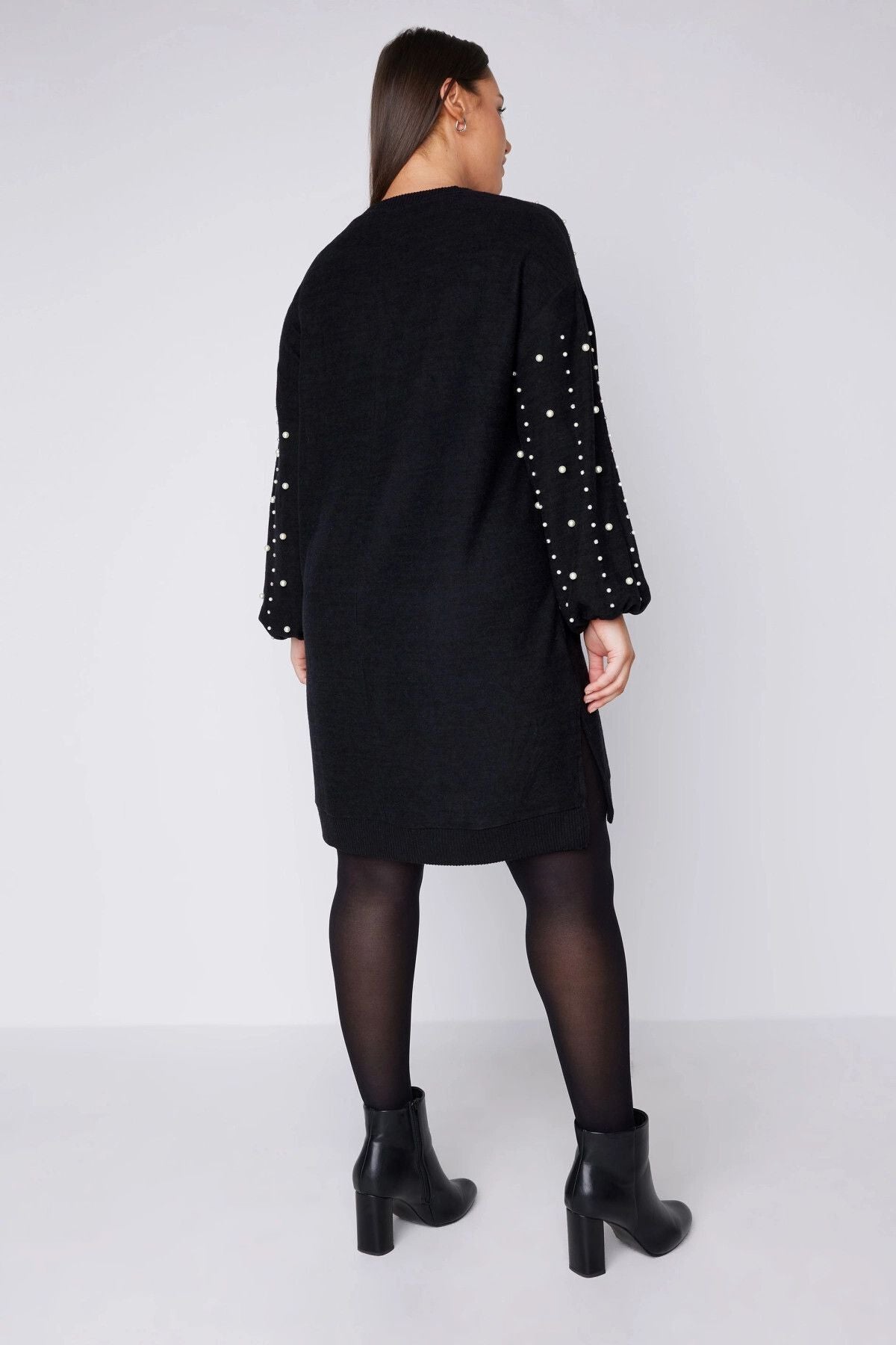 Büyük Beden Bisiklet Yaka Balon Kol İnci İşlemeli Triko Elbise 615159