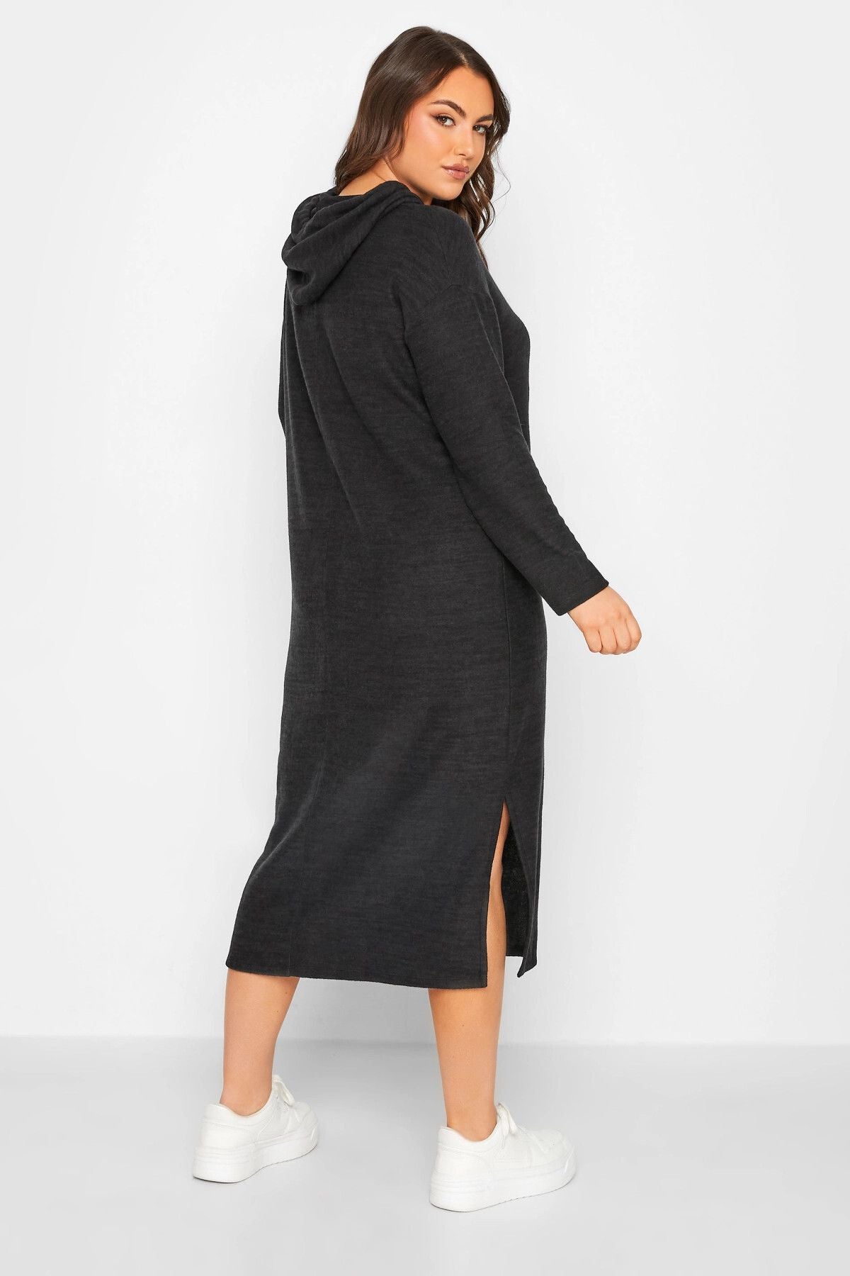 Büyük Beden Kapüşonlu Yırtmaç Detaylı Midi Boy Elbise 301554