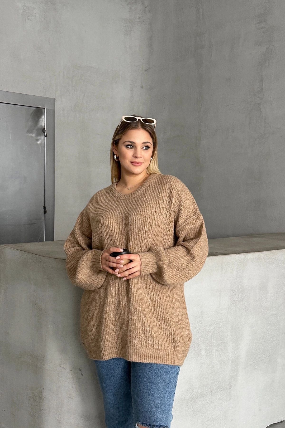 Büyük Beden Bisiklet Yaka Uzun Kollu Triko Kazak 302343