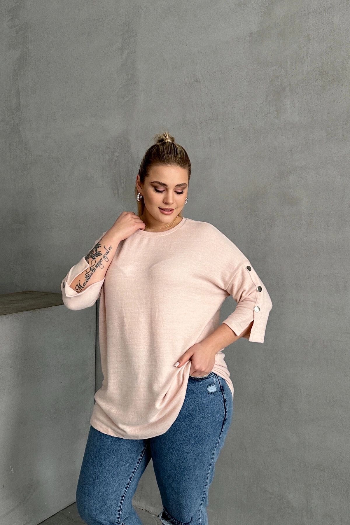 Büyük Beden Yarım Kollu Bisiklet Yaka Düğme Detaylı Kazak 303072