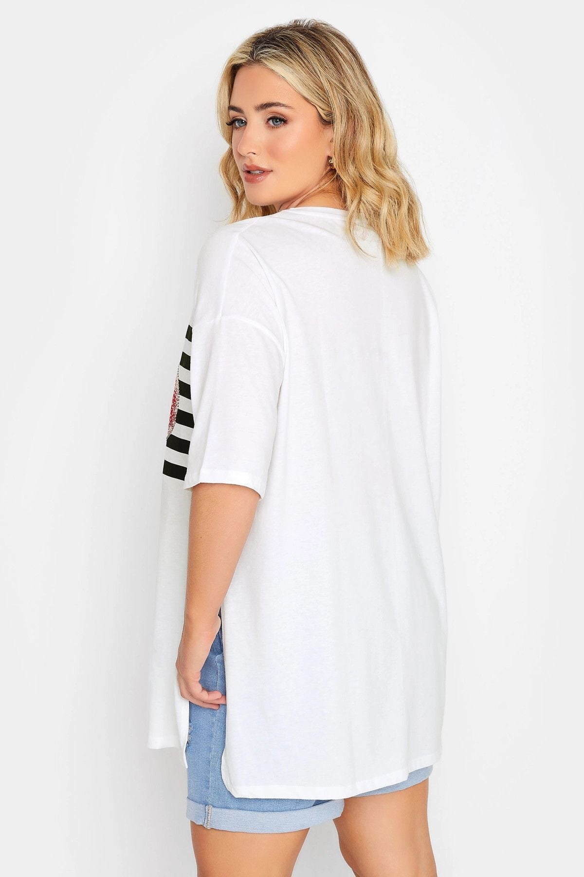 Büyük Beden Kalp Baskılı Yanı Yırtmaç Detaylı Yarım Kollu Bisiklet Yaka T-shirt 320964