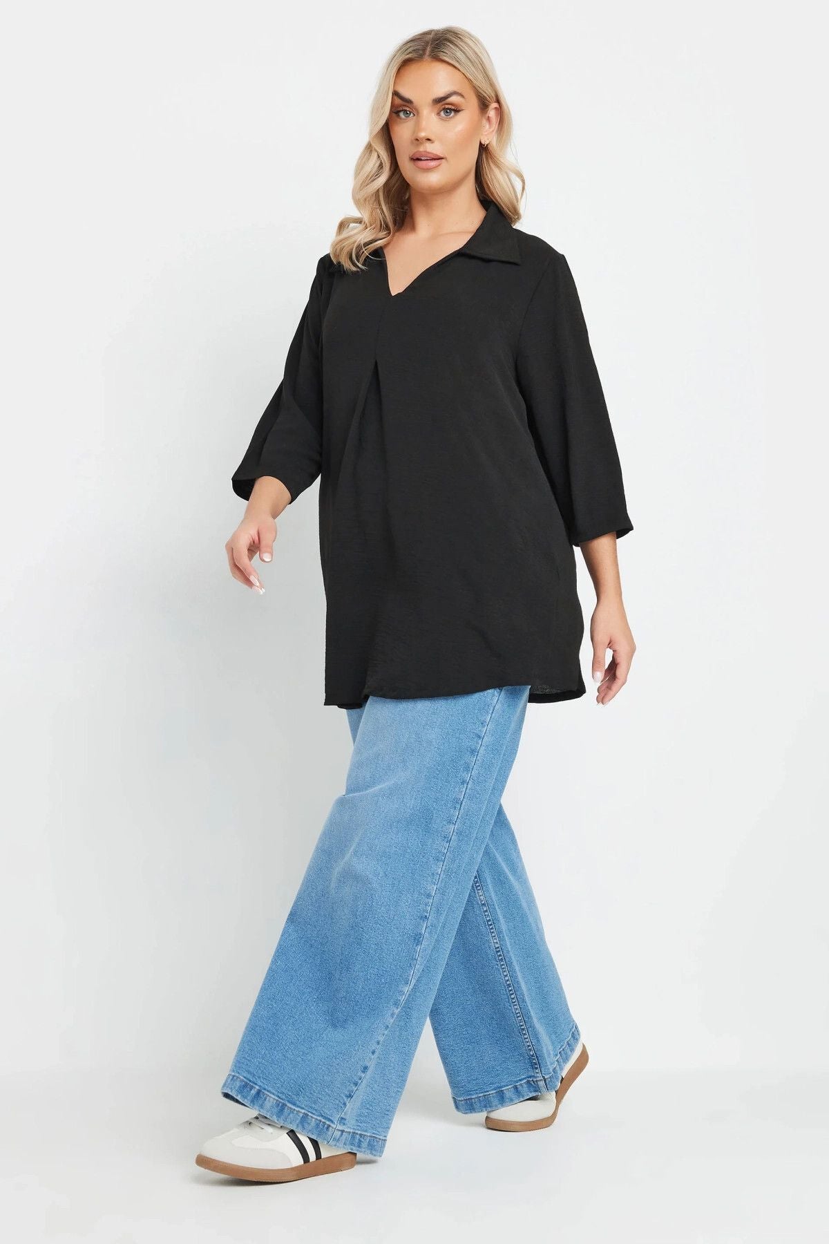 Büyük Beden V Gömlek Yaka Yarım Kollu Salaş Bluz 303922