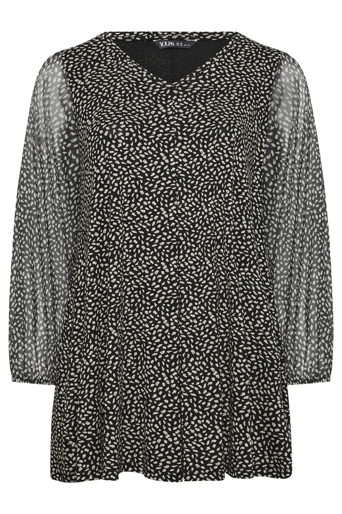 Büyük Beden Uzun Kolları Tül Detaylı Pileli V Yaka Bluz 302826