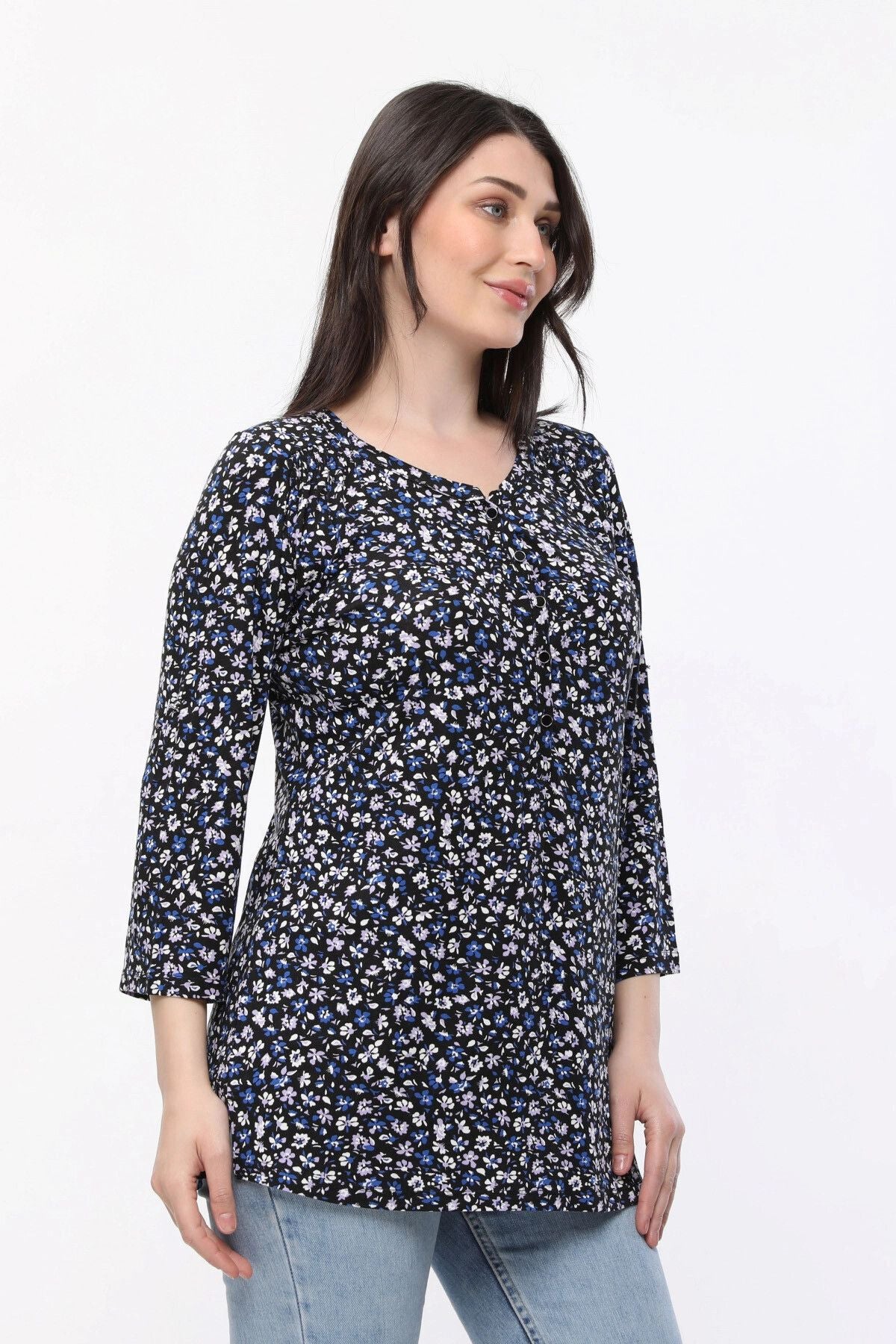 Büyük Beden Çiçek Desenli Önü Düğmeli Fakir Kol Bluz E15156