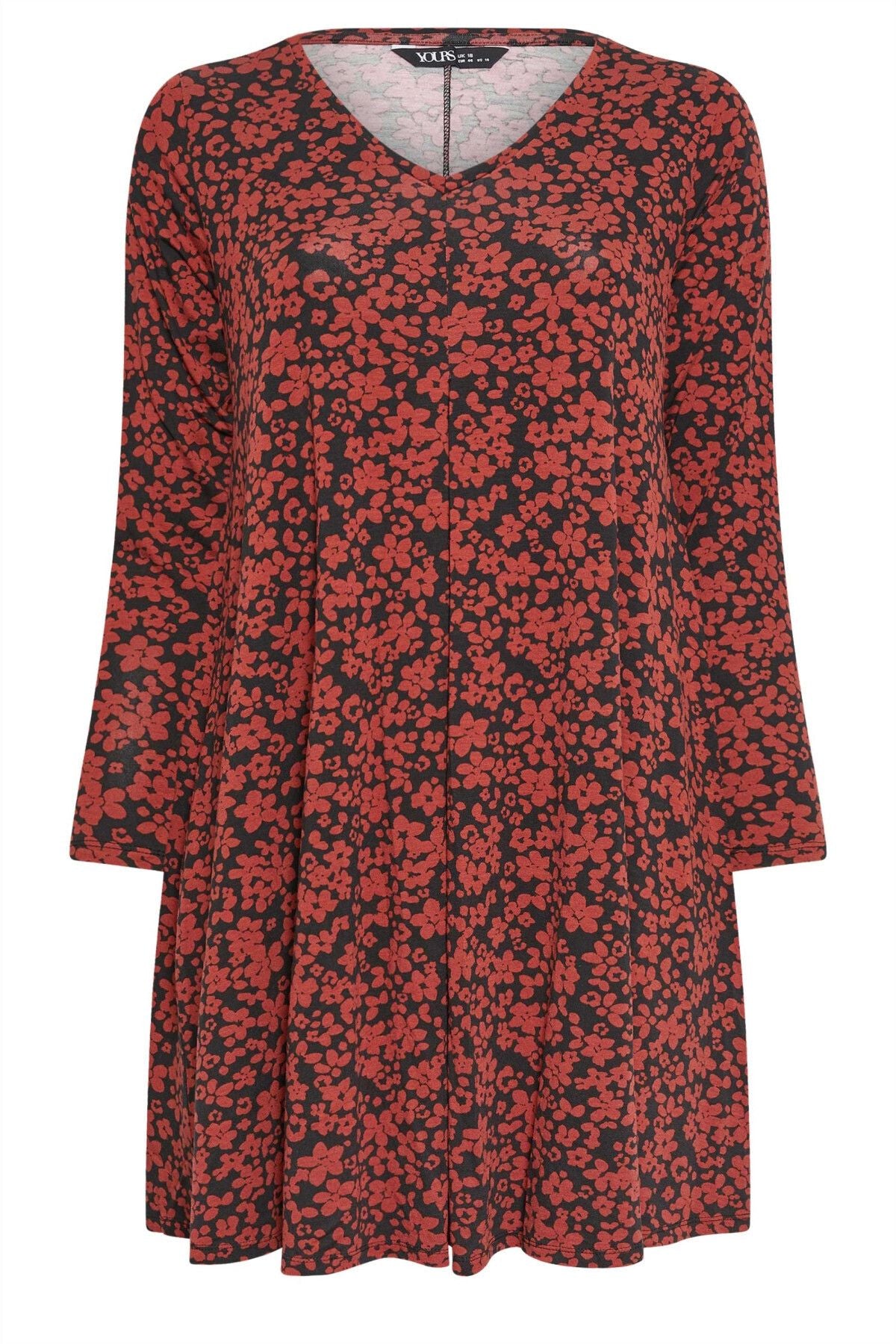 Büyük Beden V Yaka Çiçek Desenli Uzun Kollu Kısa Elbise 137668