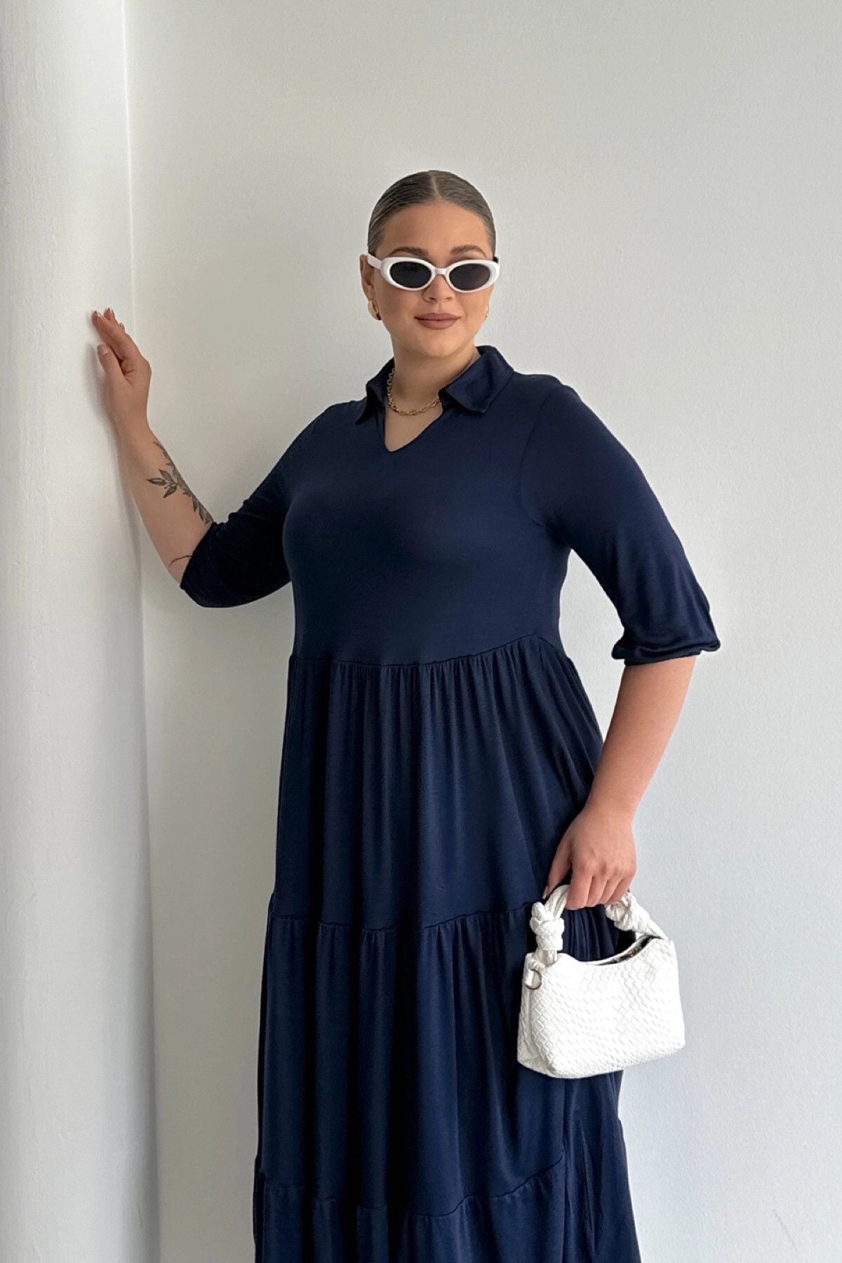 Büyük Beden V Yaka Yarım Kollu Beli Lastikli Uzun Elbise T44