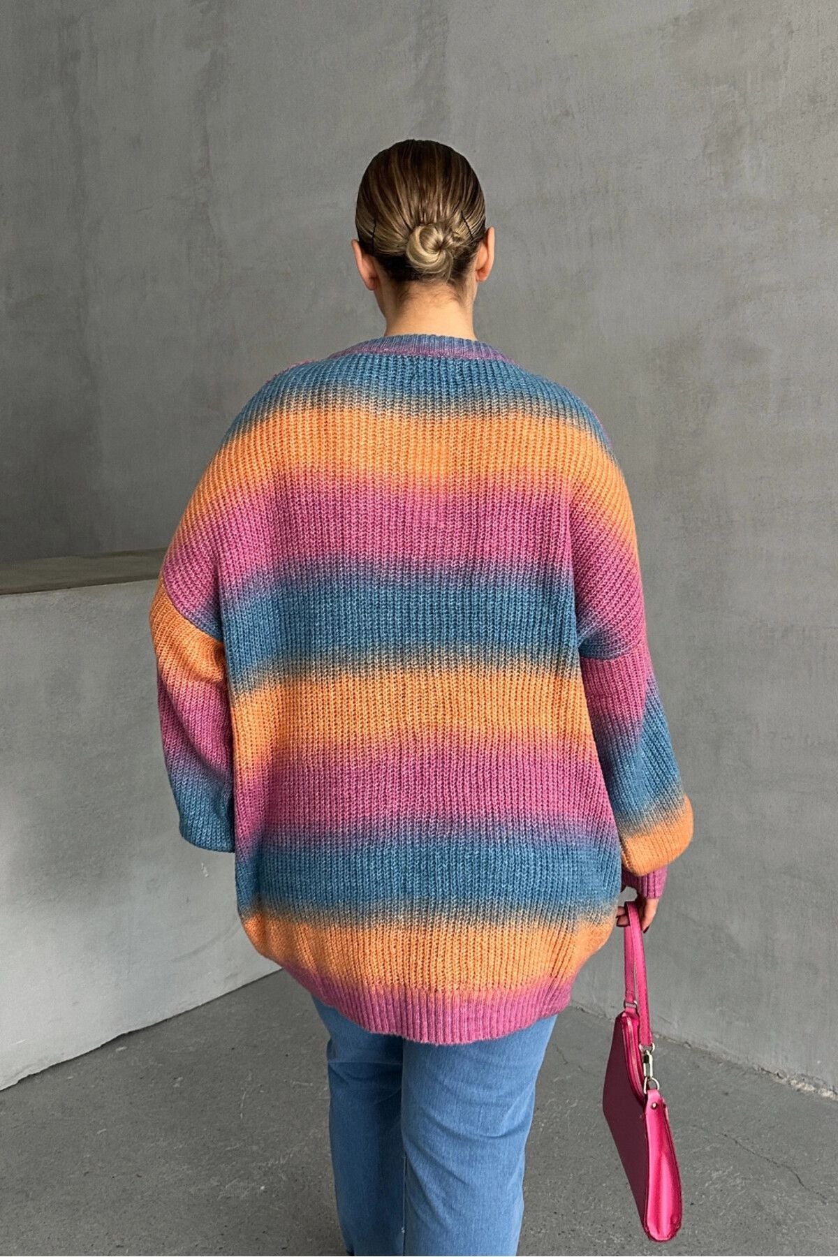 Büyük Beden Uzun Kollu Bisiklet Yaka Renk Bloklu Triko Kazak DG-09