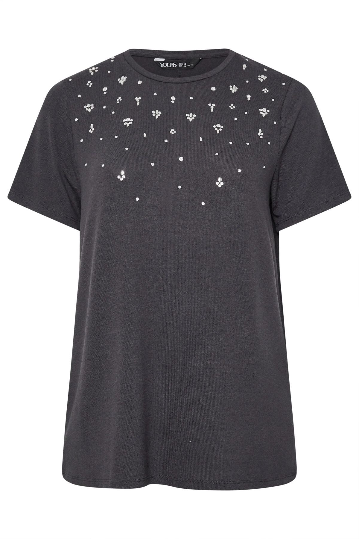 Büyük Beden Bisiklet Yakası Taş İşlemeli Kısa Kollu T-shirt 322289