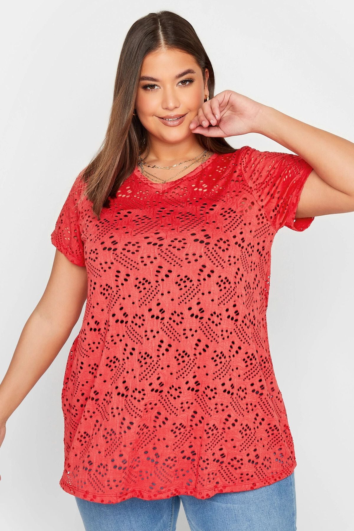 Büyük Beden Dantel Detaylı V Yaka Astarsız Bluz 321027