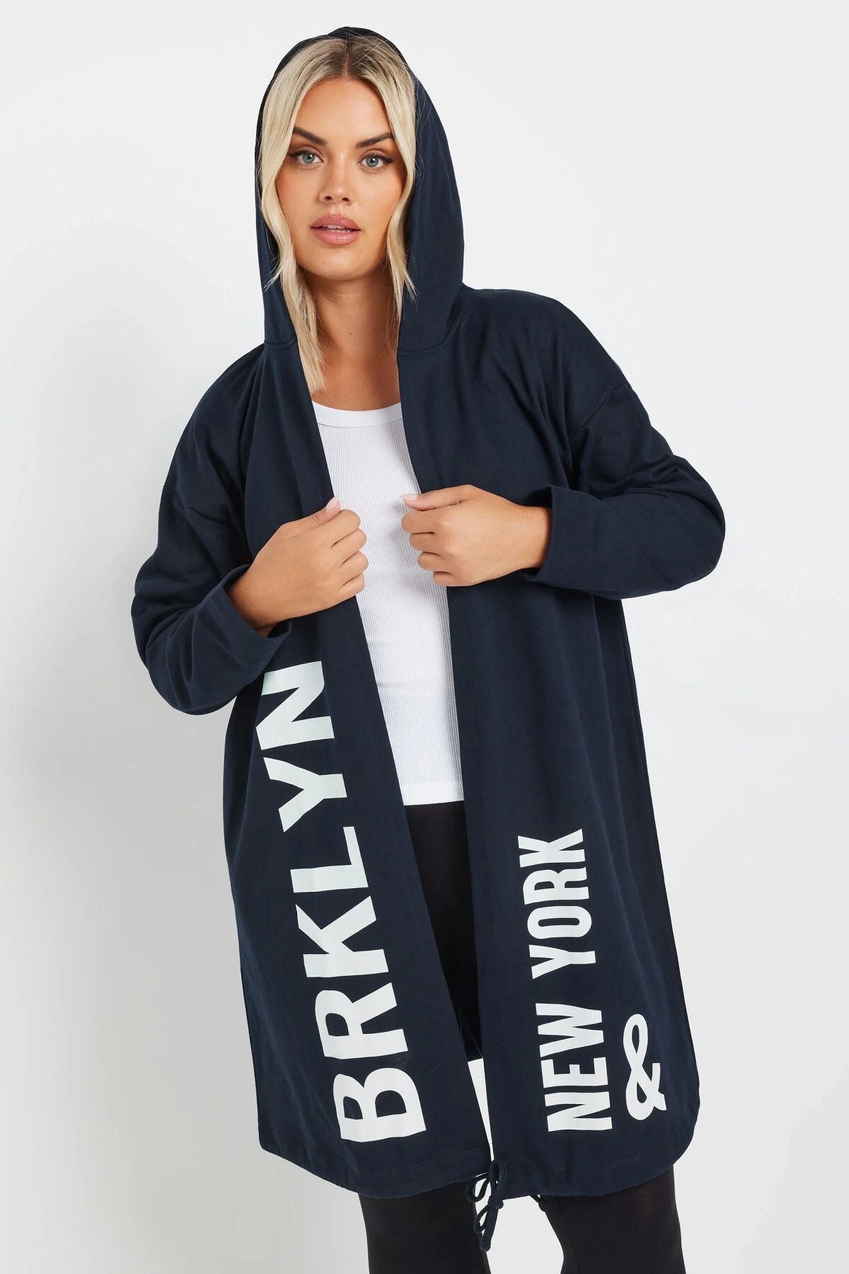 Büyük Beden Kapüşonlu Uzun Kollu Yazı Baskılı Cepsiz Hırka 303564