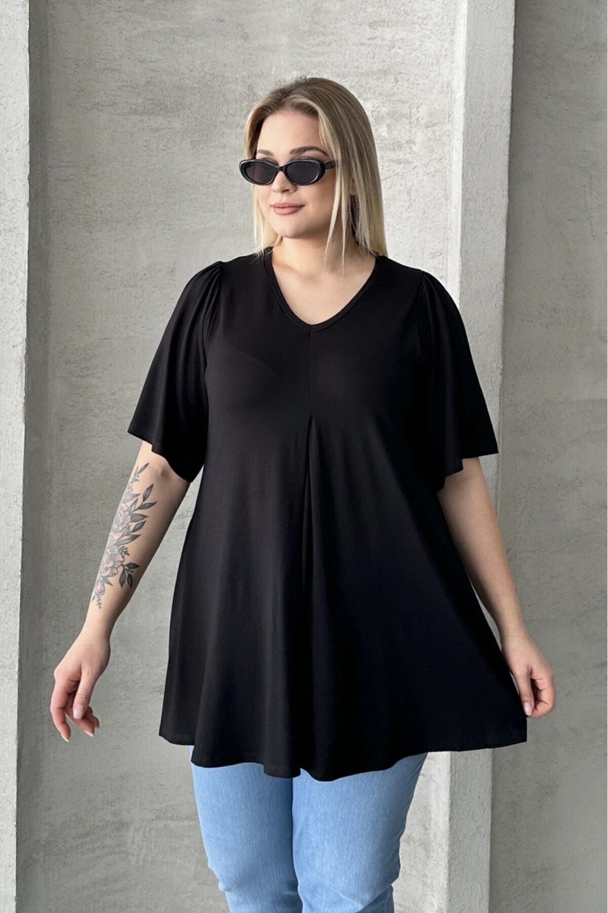 Büyük Beden İkili Paket V Yaka Desensiz Asimetrik Kesim Likralı Bluz 320315x2