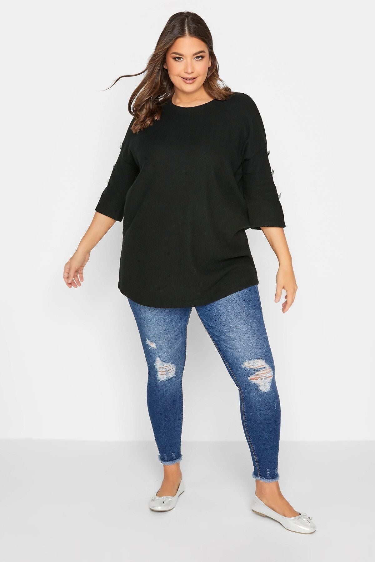 Büyük Beden Yumuşak Dokulu Bisiklet Yaka Düğme Detaylı Bluz 301785