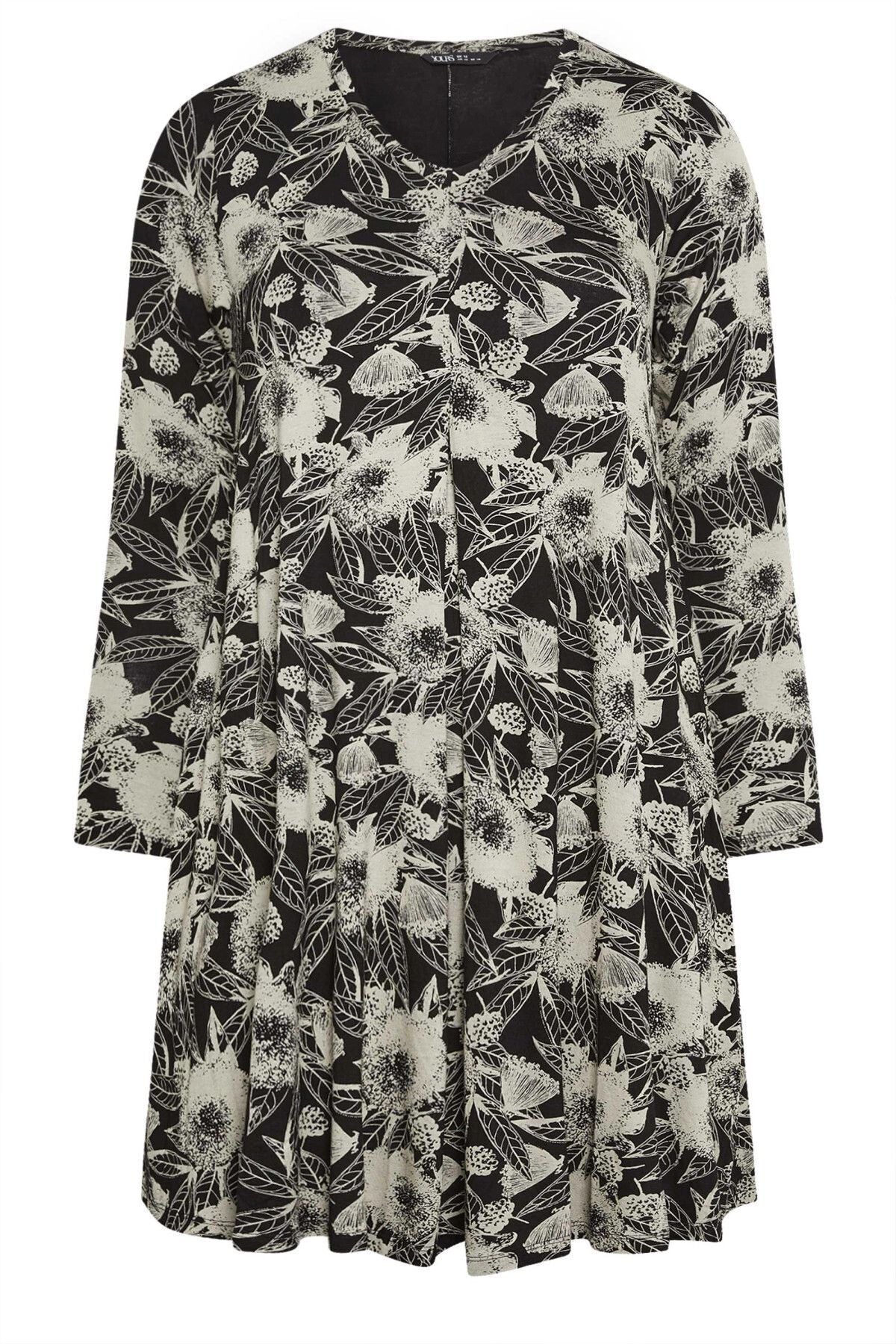 Büyük Beden V Yaka Uzun Kollu Desenli Kısa Elbise 302739