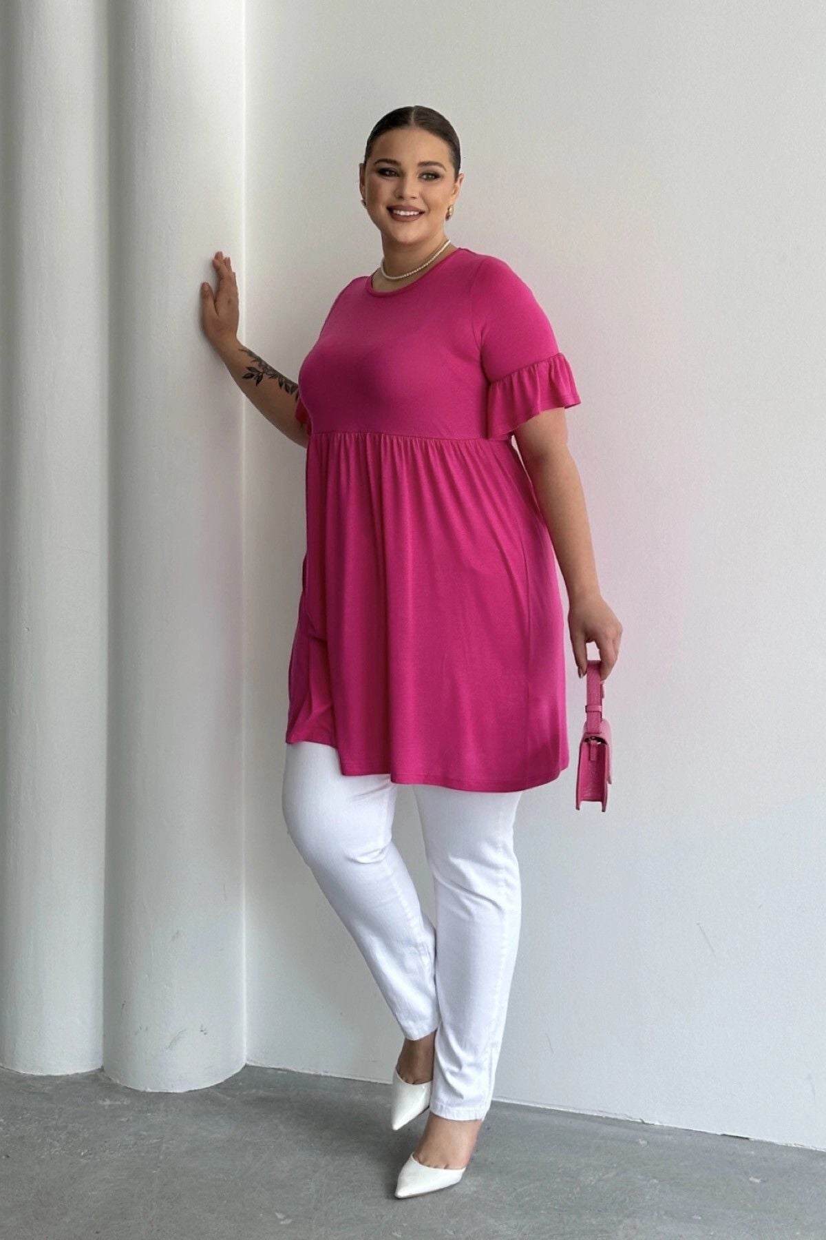 Büyük Beden Kol Detaylı Beli Lastikli Pileli Tunik T-shirt T41