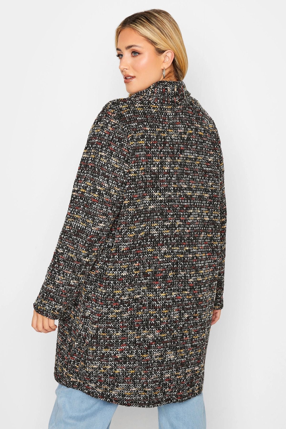 Büyük Beden Dokulu Uzun Kollu Düğmesiz Uzun Kesim Hırka 301571