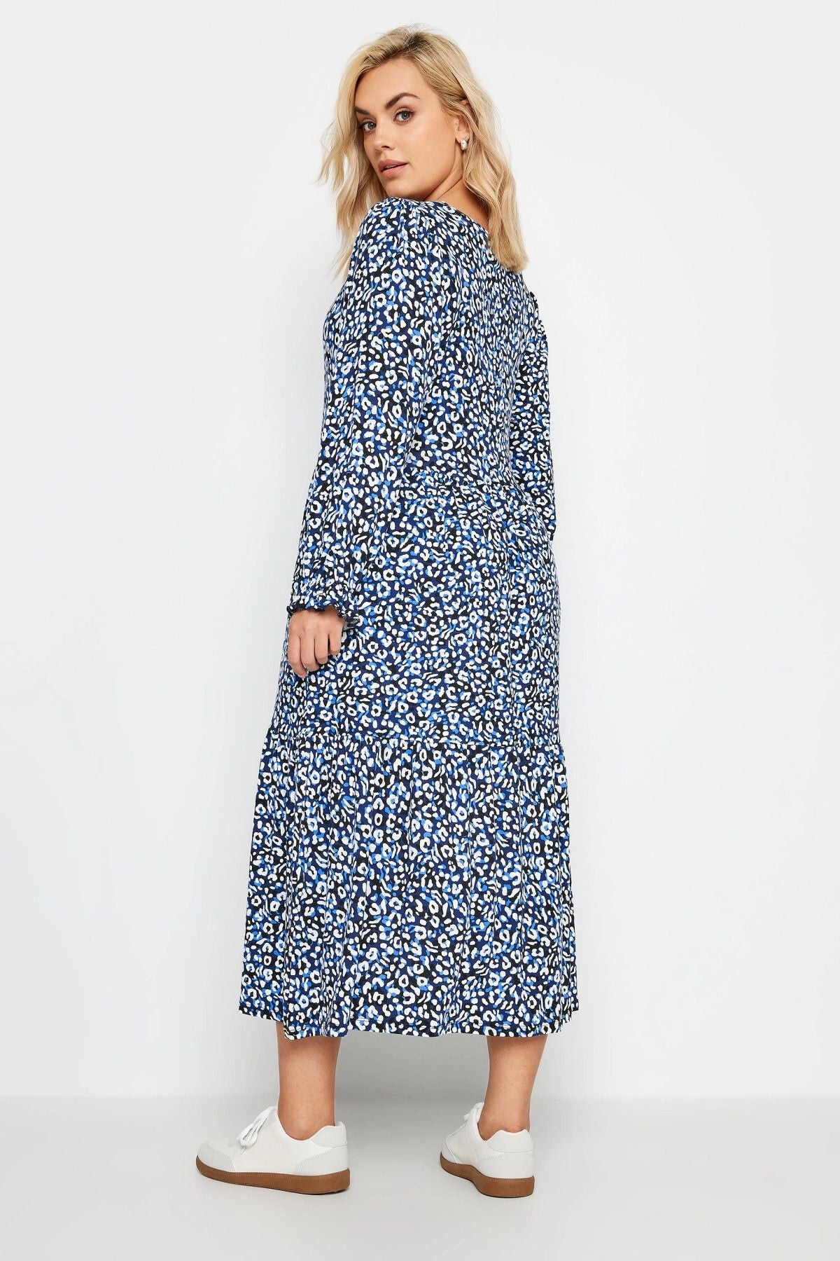 Büyük Beden Bisiklet Yaka Kolları Fırfırlı Leopar Desenli Elbise 137782