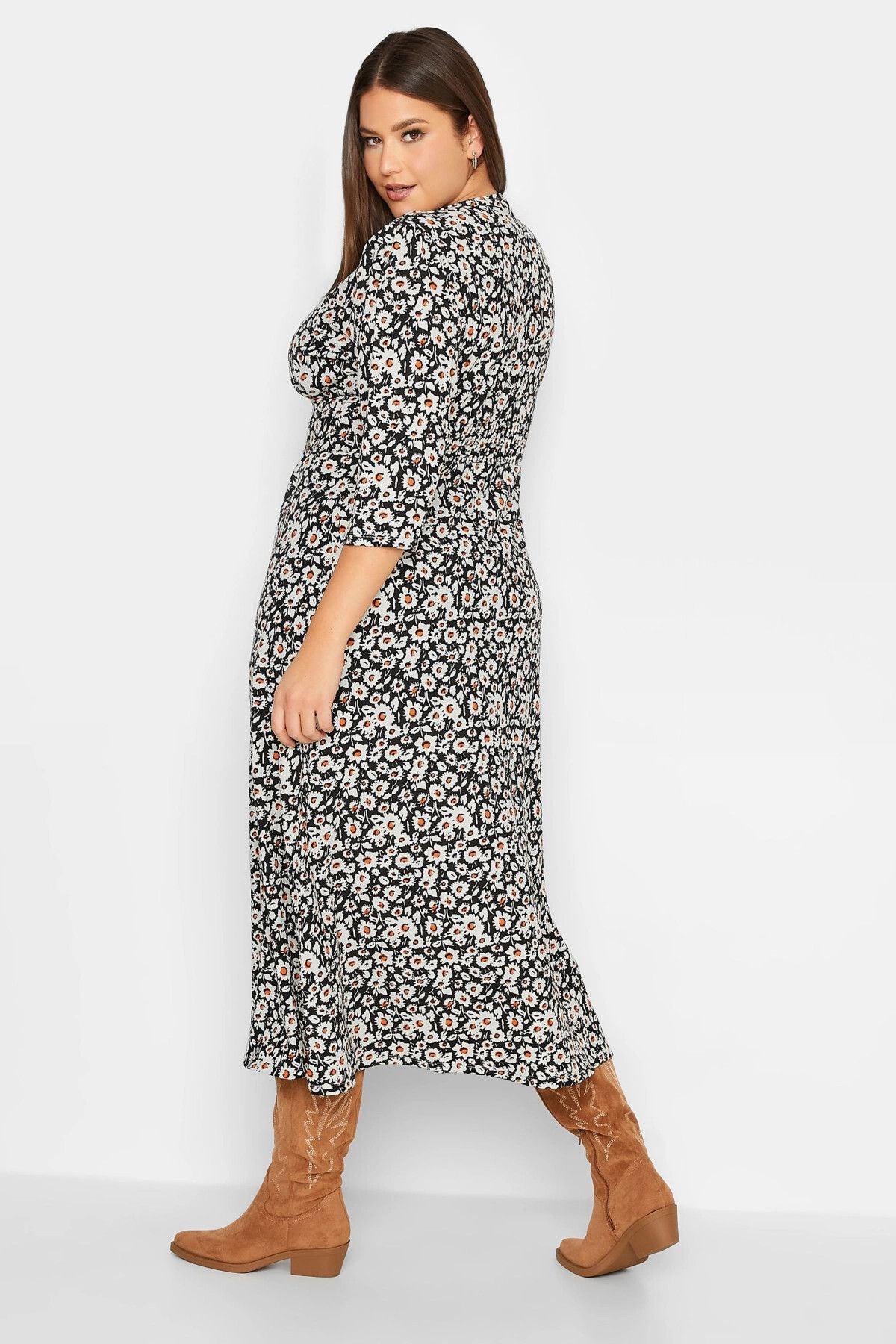 Büyük Beden V Yaka Fakir Kol Çiçek Desenli Midi Boy Elbise 301865