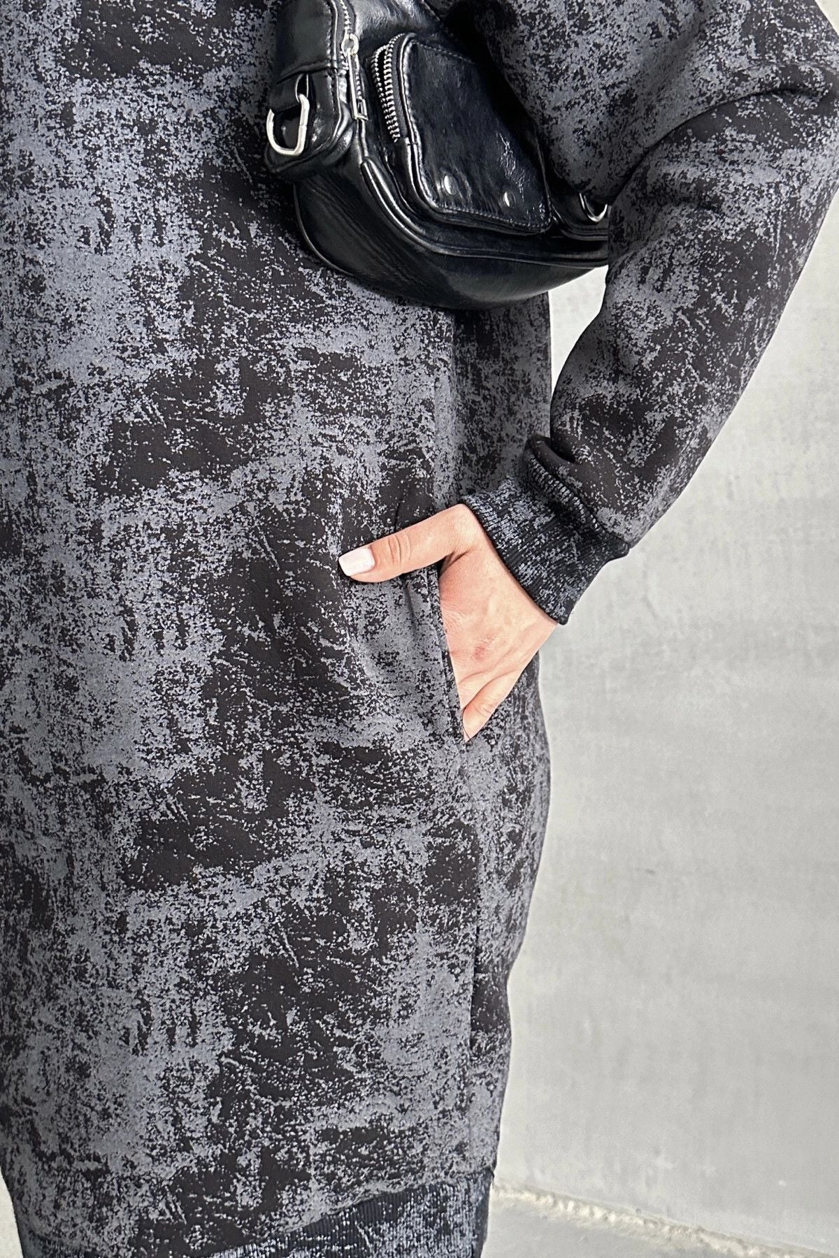 Büyük Beden Uzun Kollu Bisiklet Yaka Cepli Desenli Elbise 106-75