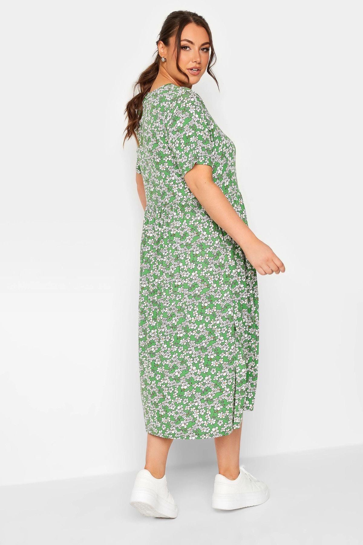 Büyük Beden Bisiklet Yaka Kısa Kollu Desenli Midi Boy Elbise 302229