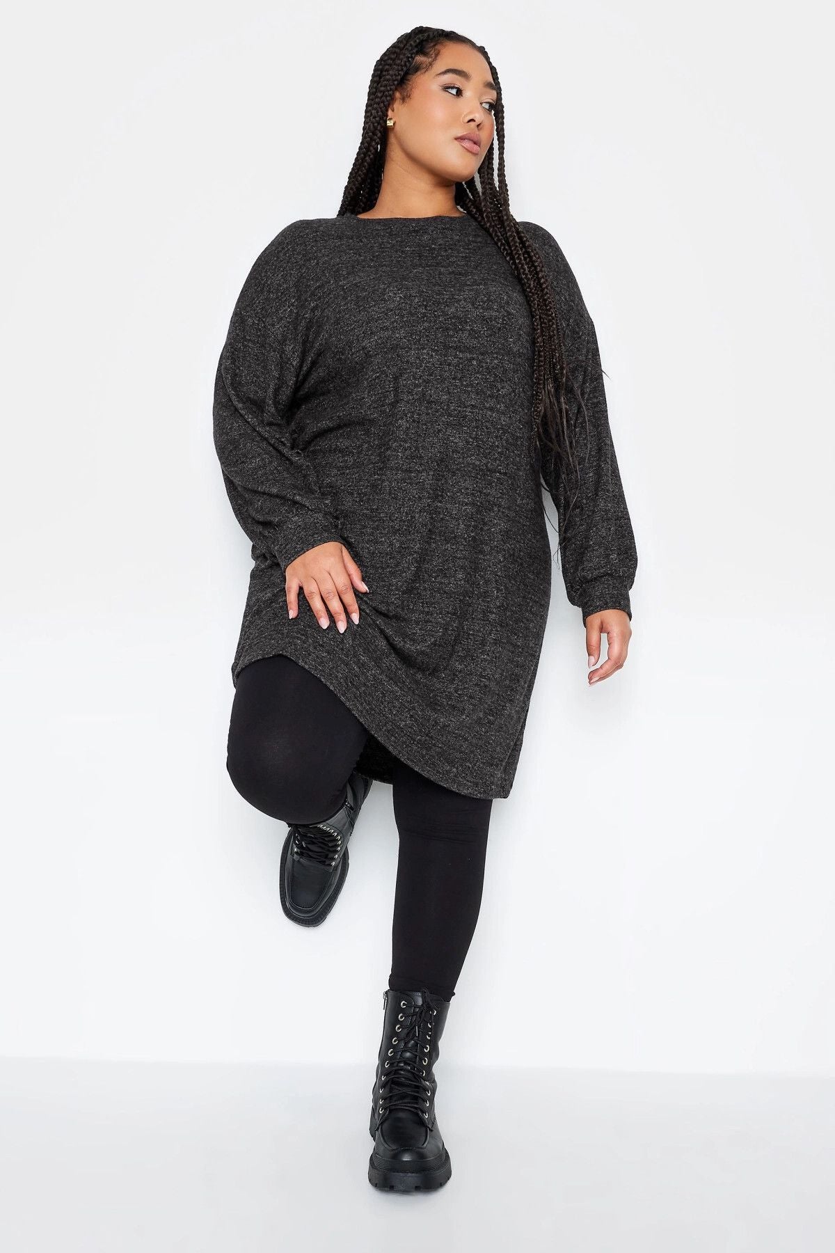 Büyük Beden Bisiklet Yaka Uzun Kollu Yumuşak Dokulu Elbise 302614