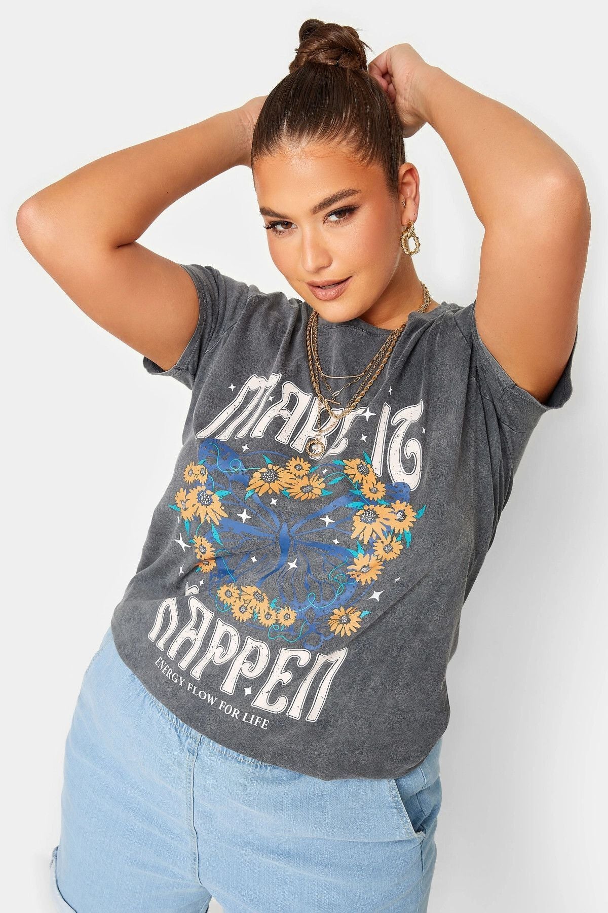 Büyük Beden Önü Baskılı Bisiklet Yaka Yarım Kol Yıkamalı T-shirt 302192