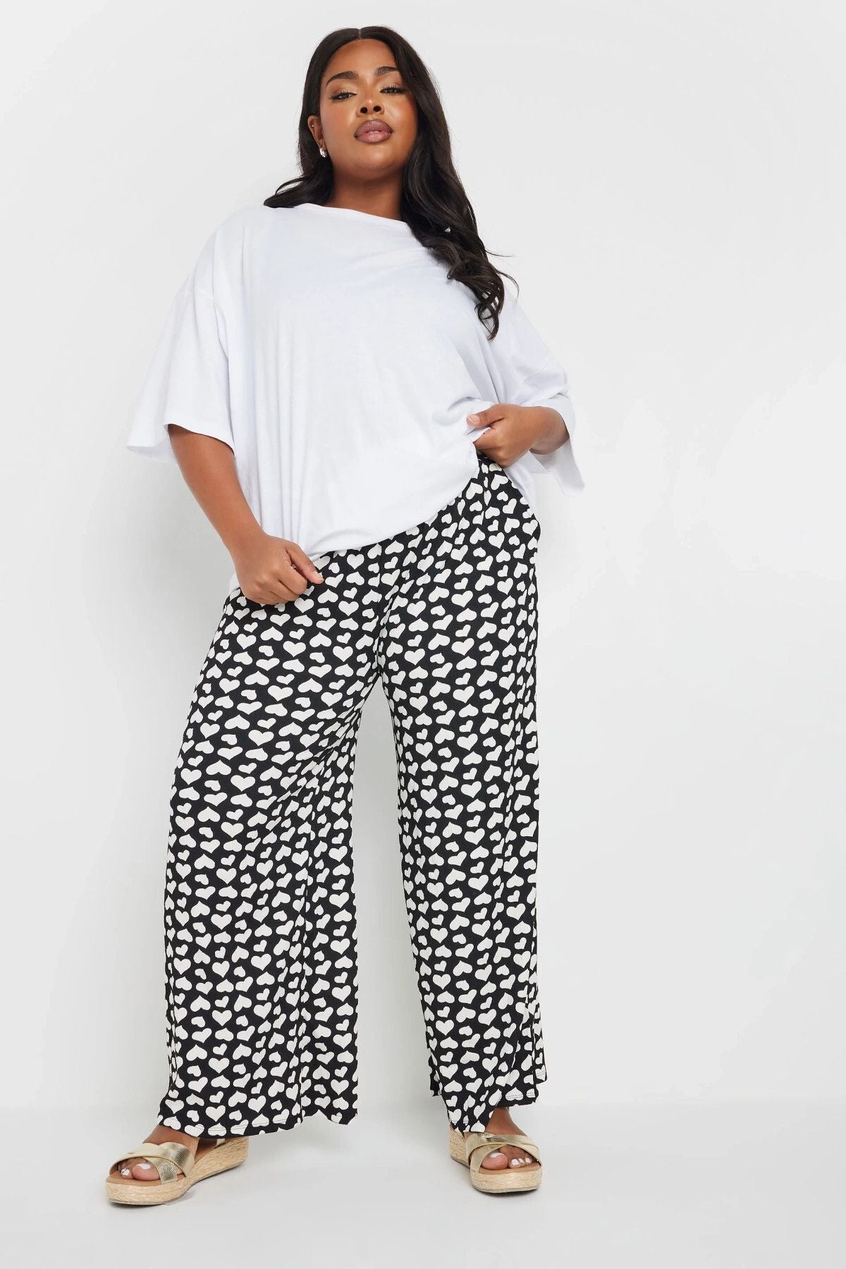 Büyük Beden Beli Lastikli Bol Paça Kalp Desenli Cepli Pantolon 303492