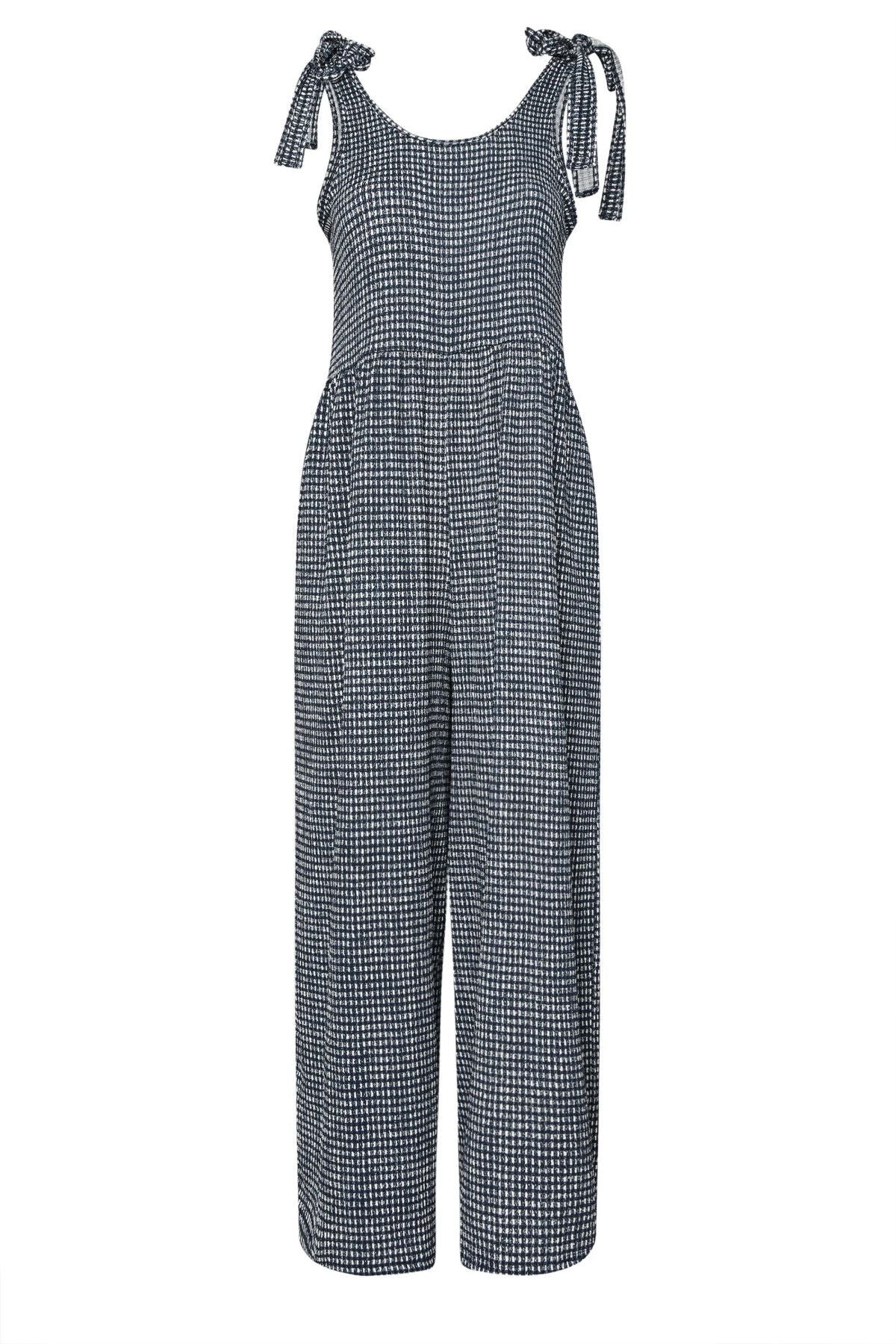 Büyük Beden Bol Paça Askıları Bağlamalı Kare Desenli Maxi Tulum 160362