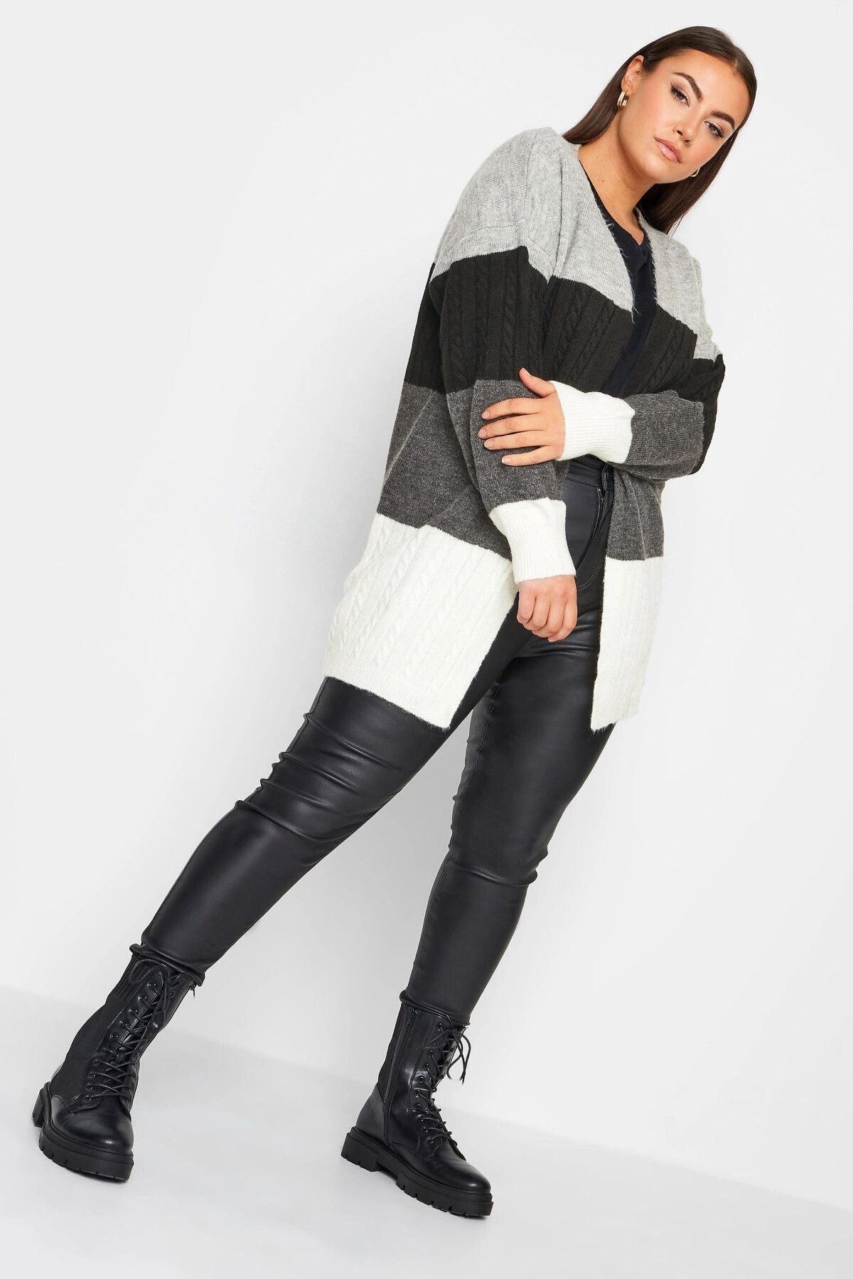 Büyük Beden Midi Boy Çizgili Uzun Kollu Triko Örme Hırka 302144