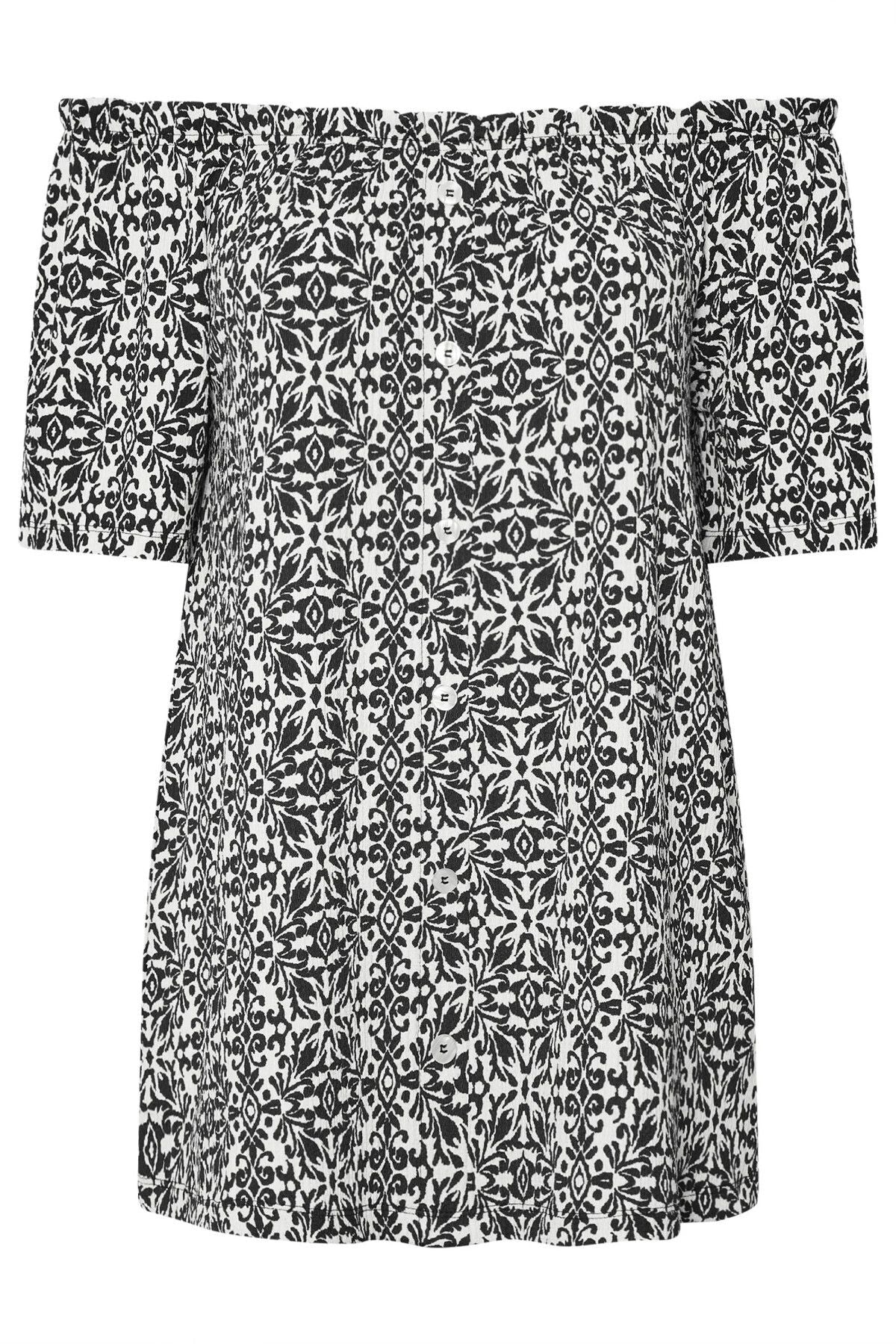 Büyük Beden Düşük Omuzlu Kısa Kollu Düğme Detaylı Desenli Bluz 322679