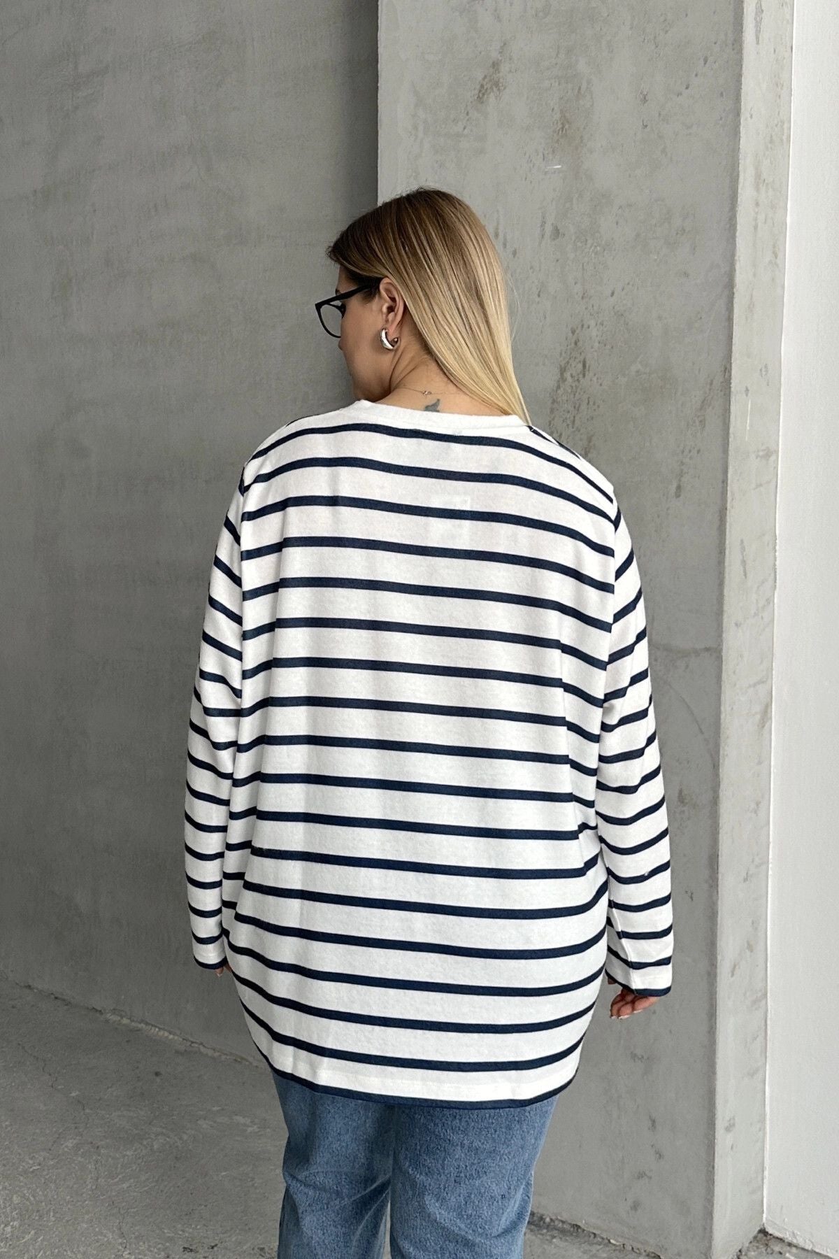 Büyük Beden Uzun Kollu Çizgili Mevsimlik T-shirt SD-1063