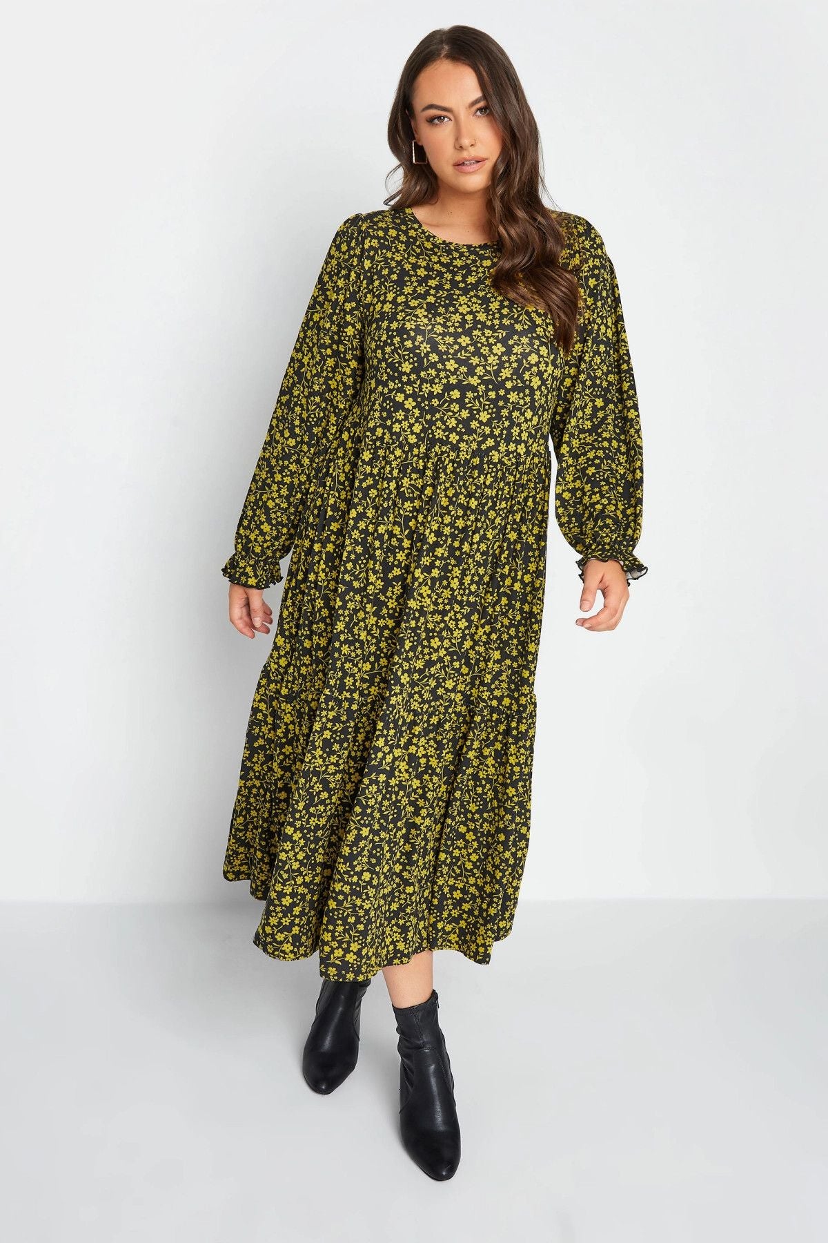 Büyük Beden Bisiklet Yaka Çiçek Desenli Katlı Midi Boy Elbise 137624