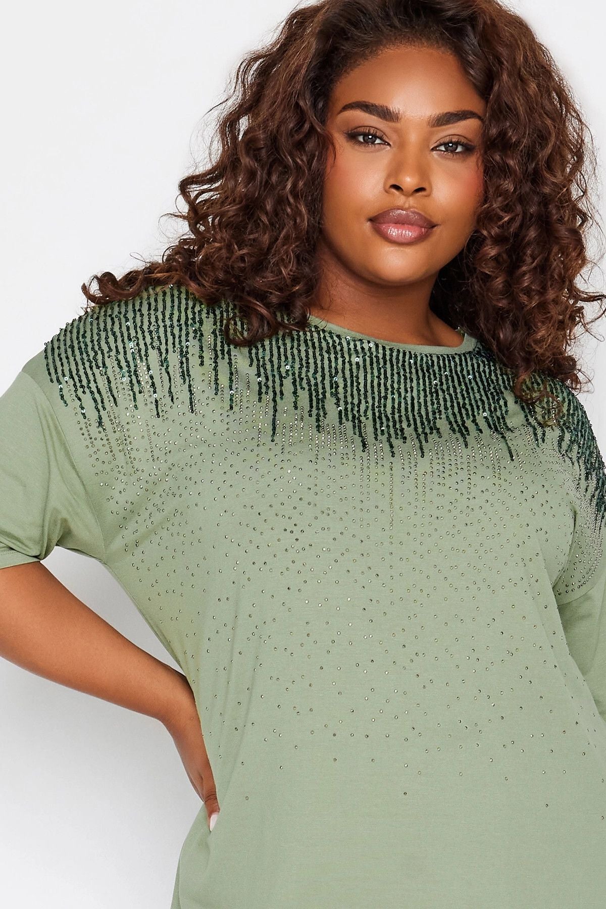 Büyük Beden Bisiklet Yaka Payet İşlemeli Kısa Kollu Bluz 302553