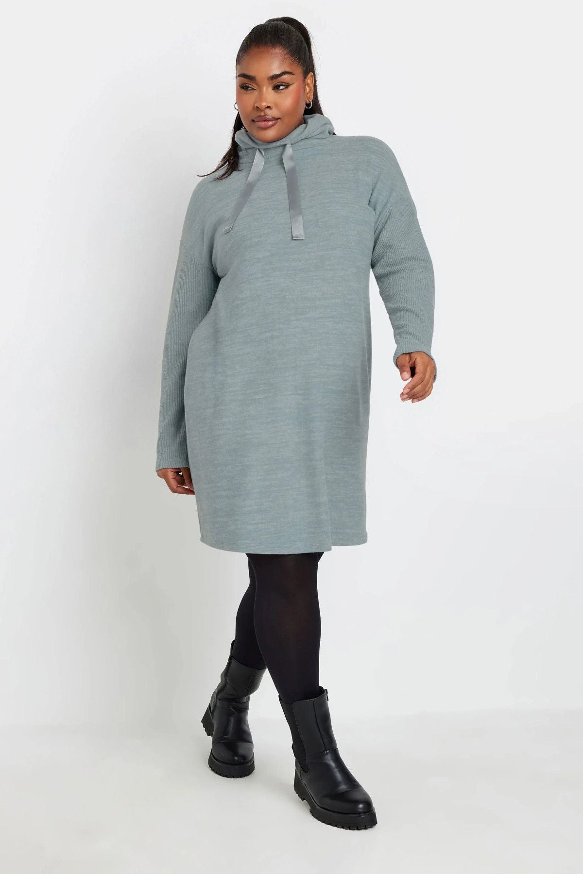 Büyük Beden Uzun Kollu Kapüşonlu Yumuşak Dokulu Sweatshirt Elbise 303590