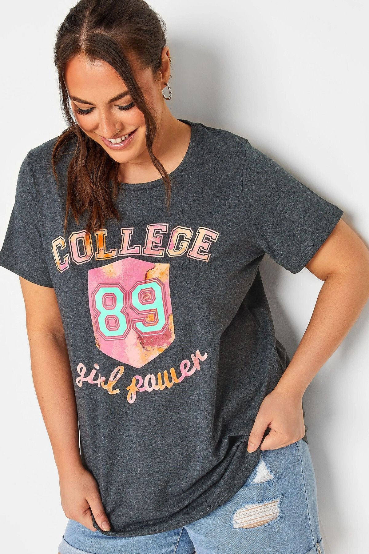 Büyük Beden Yazı Baskılı Yarım Kollu Bisiklet Yaka T-shirt 302198