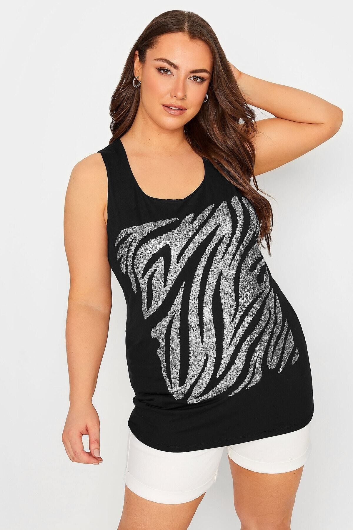 Büyük Beden Sıfır Kol Zebra Desenli Payet İşlemeli Bluz 302091