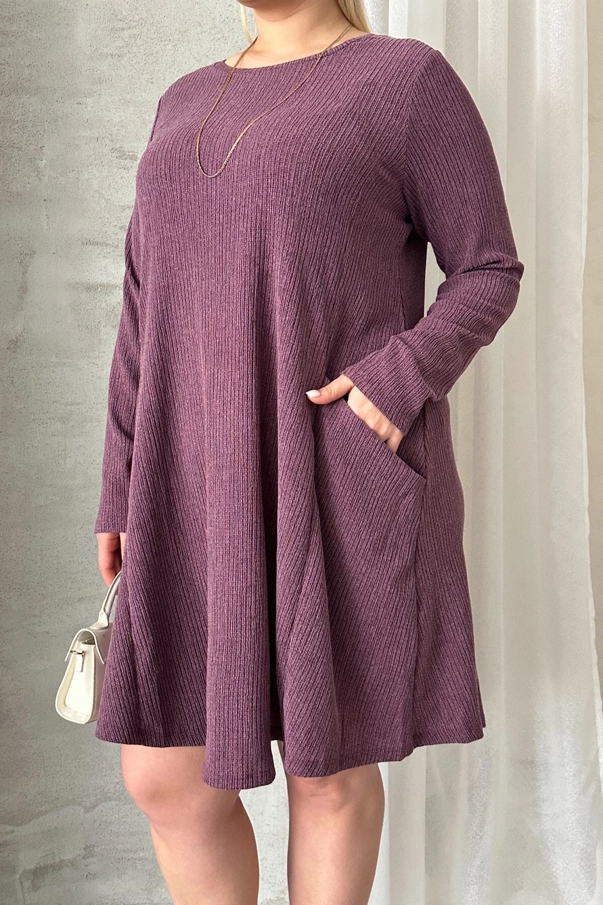 Büyük Beden Uzun Kollu Bisiklet Yaka Cepli Fitilli Elbise 100-186