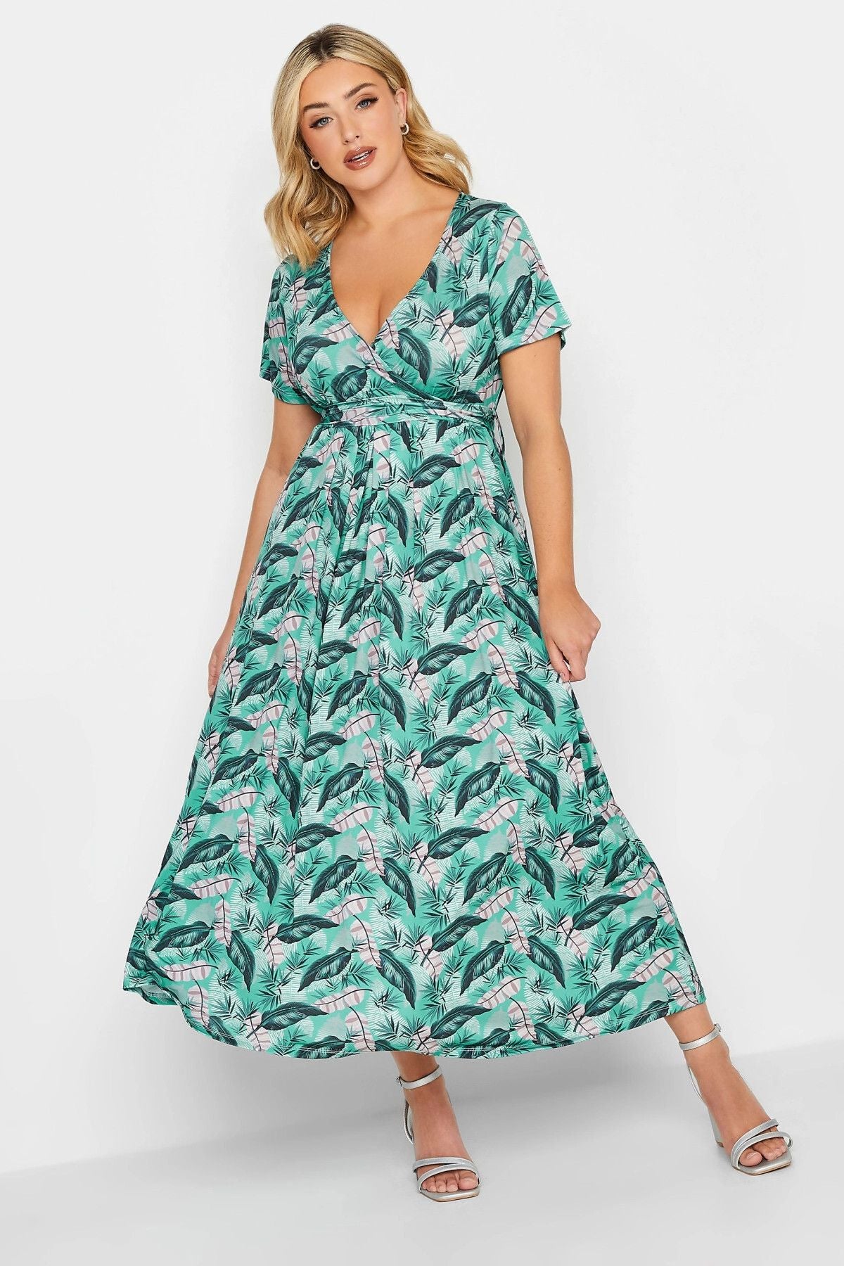 Büyük Beden V Yaka Kısa Kollu Desenli Anvelop Elbise 302161