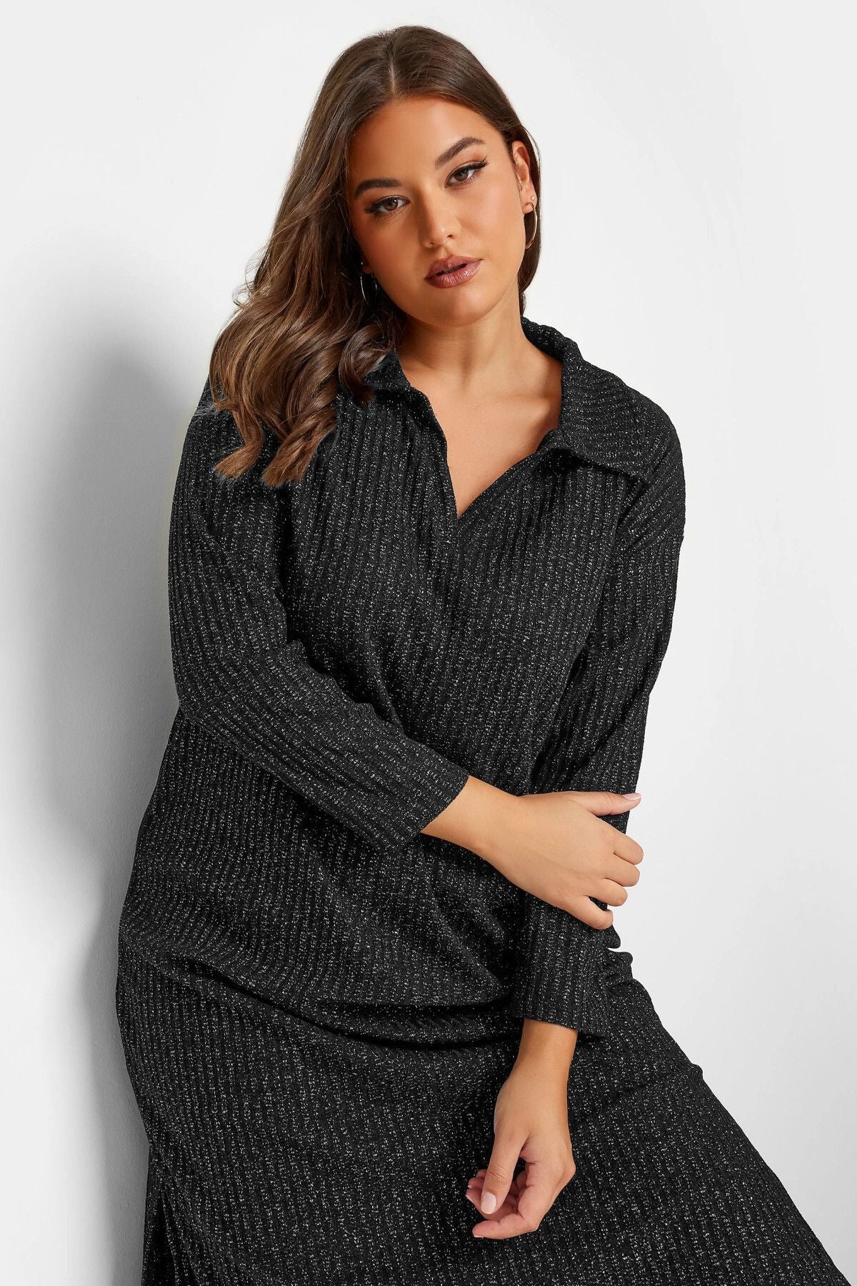 Büyük Beden Polo Yaka Yırtmaç Detaylı Midi Boy Triko Elbise 301580