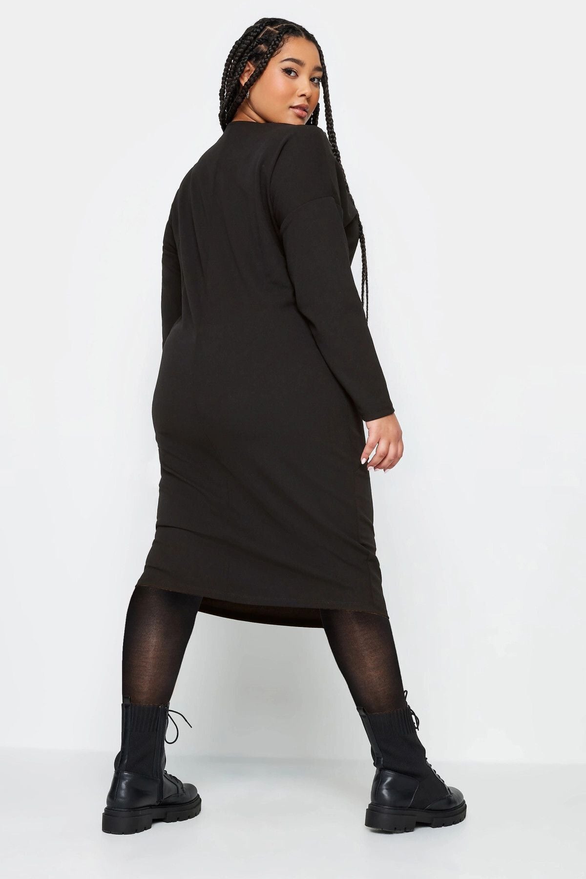 Büyük Beden Bisiklet Yaka Fermuar Detaylı Midi Boy Elbise 302715