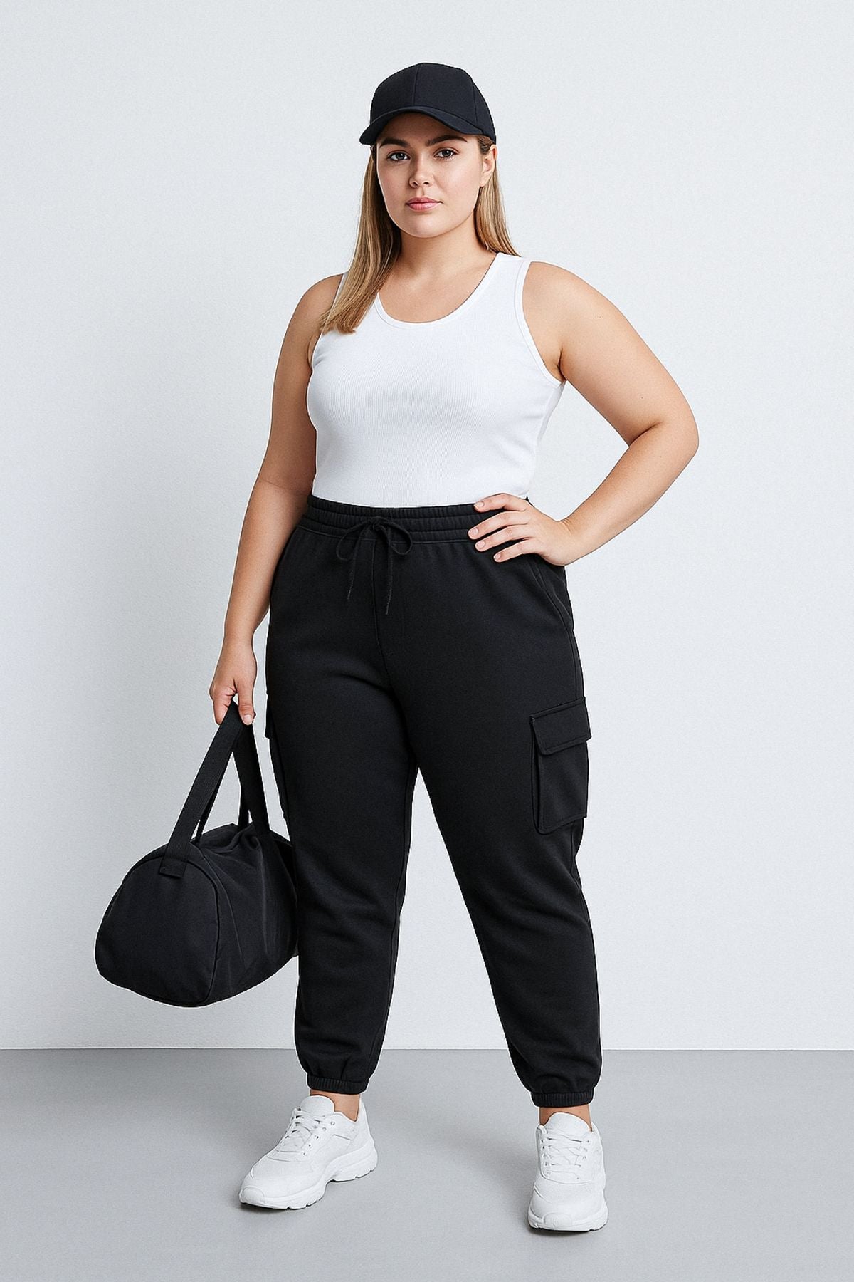 Büyük Beden Beli ve Paçası Lastikli Cepli Kargo Jogger Pantolon 143399