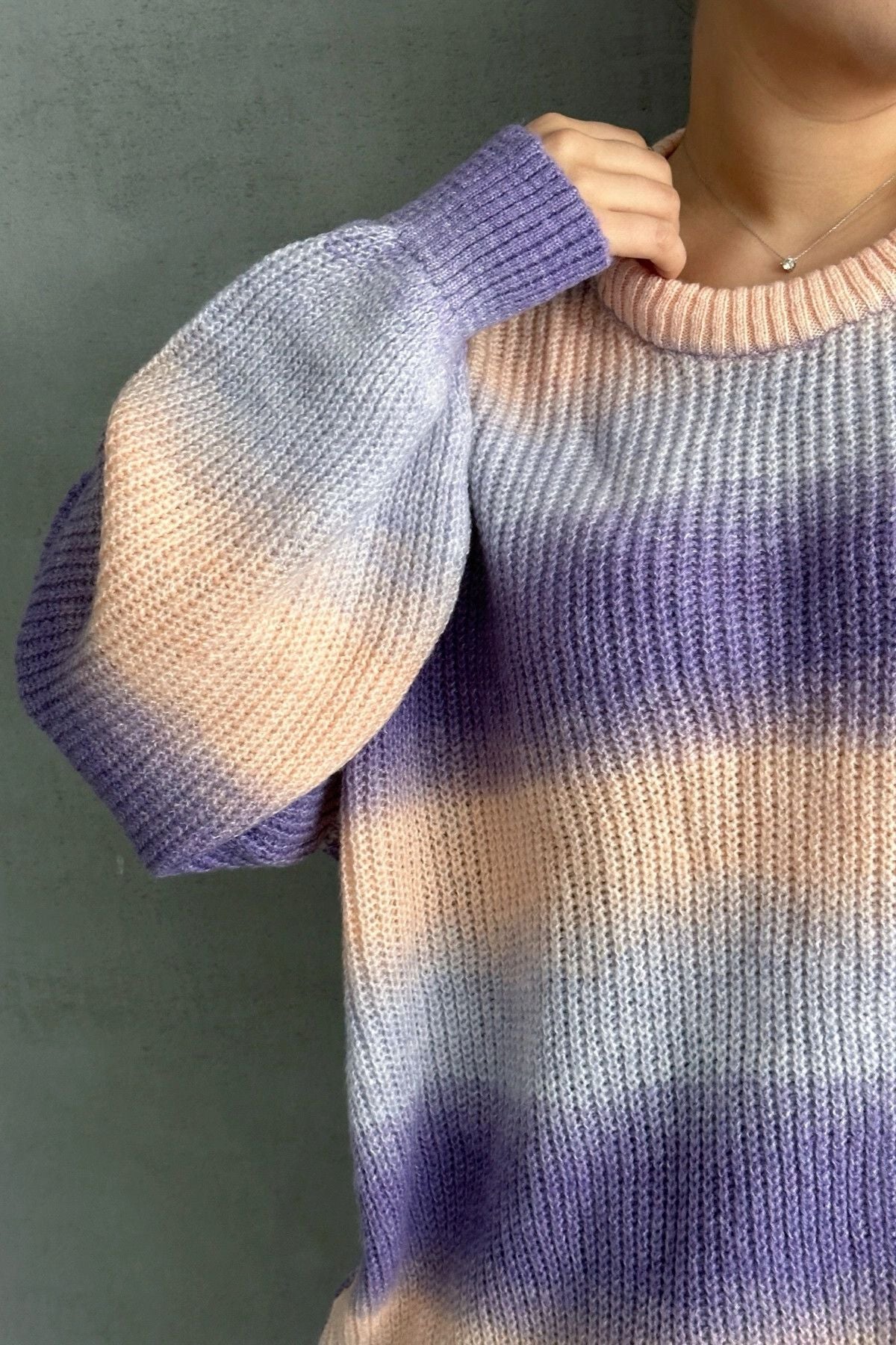 Büyük Beden Uzun Kollu Bisiklet Yaka Renk Bloklu Triko Kazak DG-06