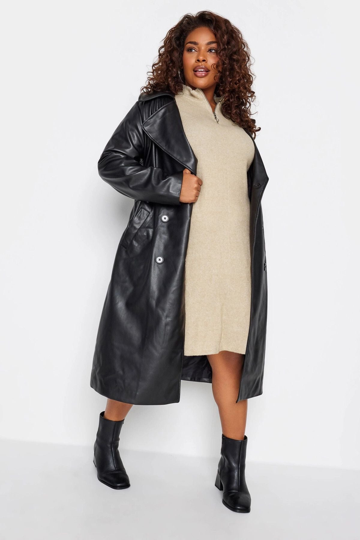 Büyük Beden Yakası Fermuarlı Uzun Kollu Midi Boy Elbise 302615