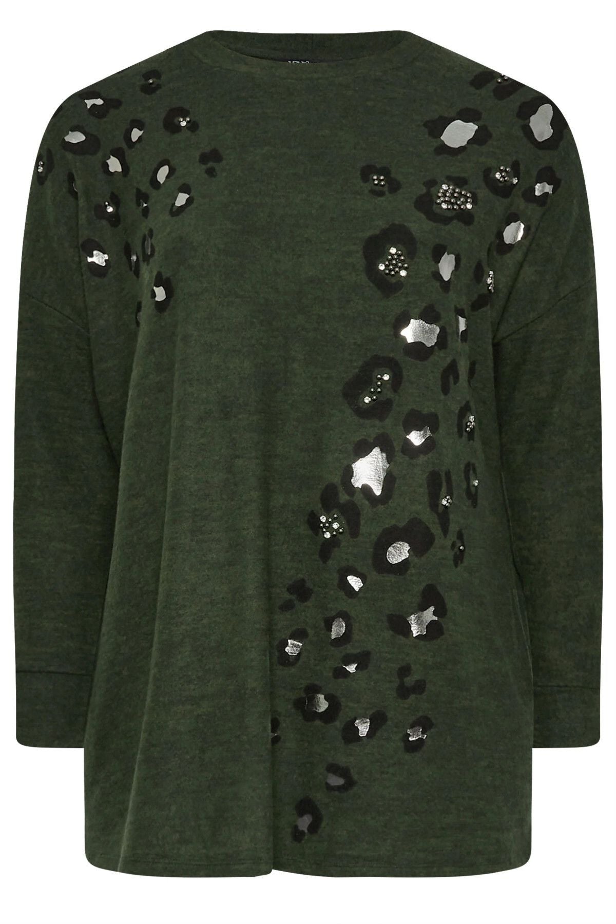 Büyük Beden Yumuşak Dokulu Leopar Baskılı Uzun Kollu Kazak 322222