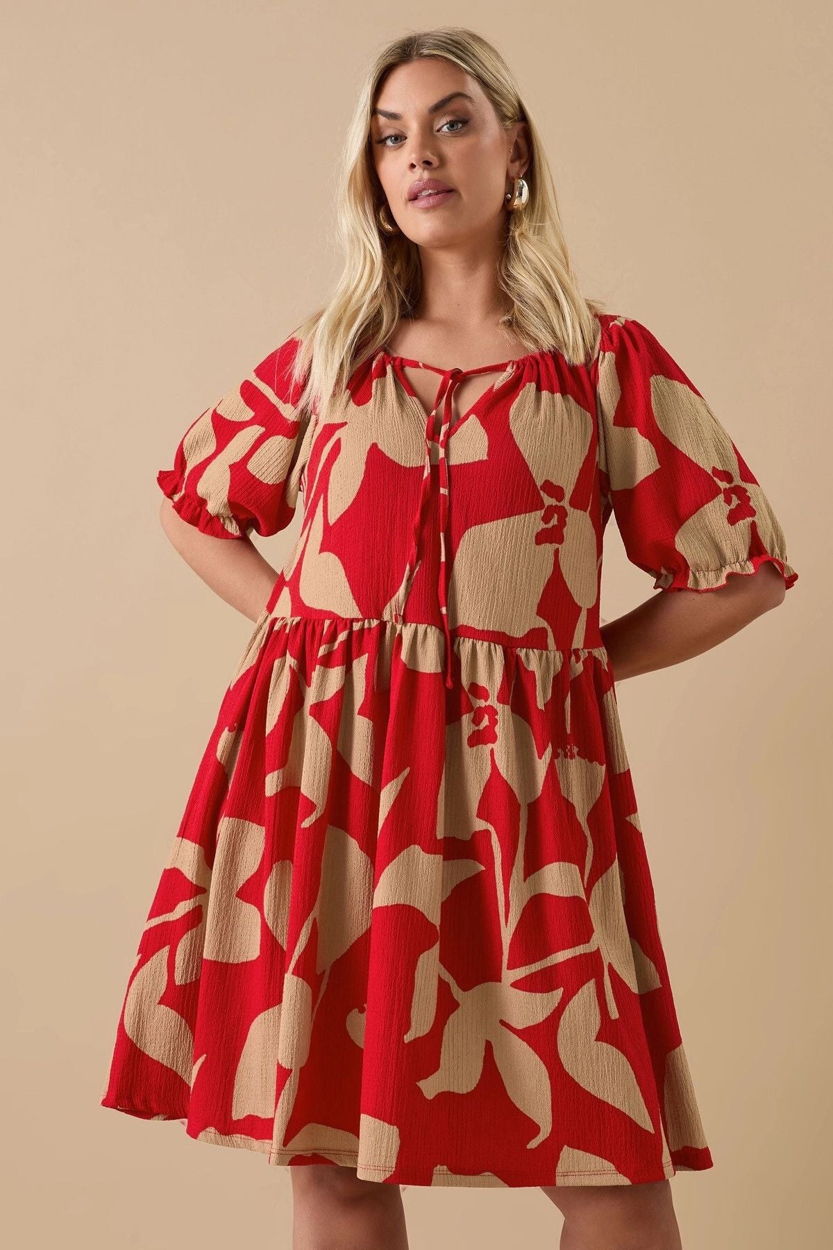 Büyük Beden V Yaka Bürümcük Kumaş Önü Bağlamalı Mini Elbise 304141