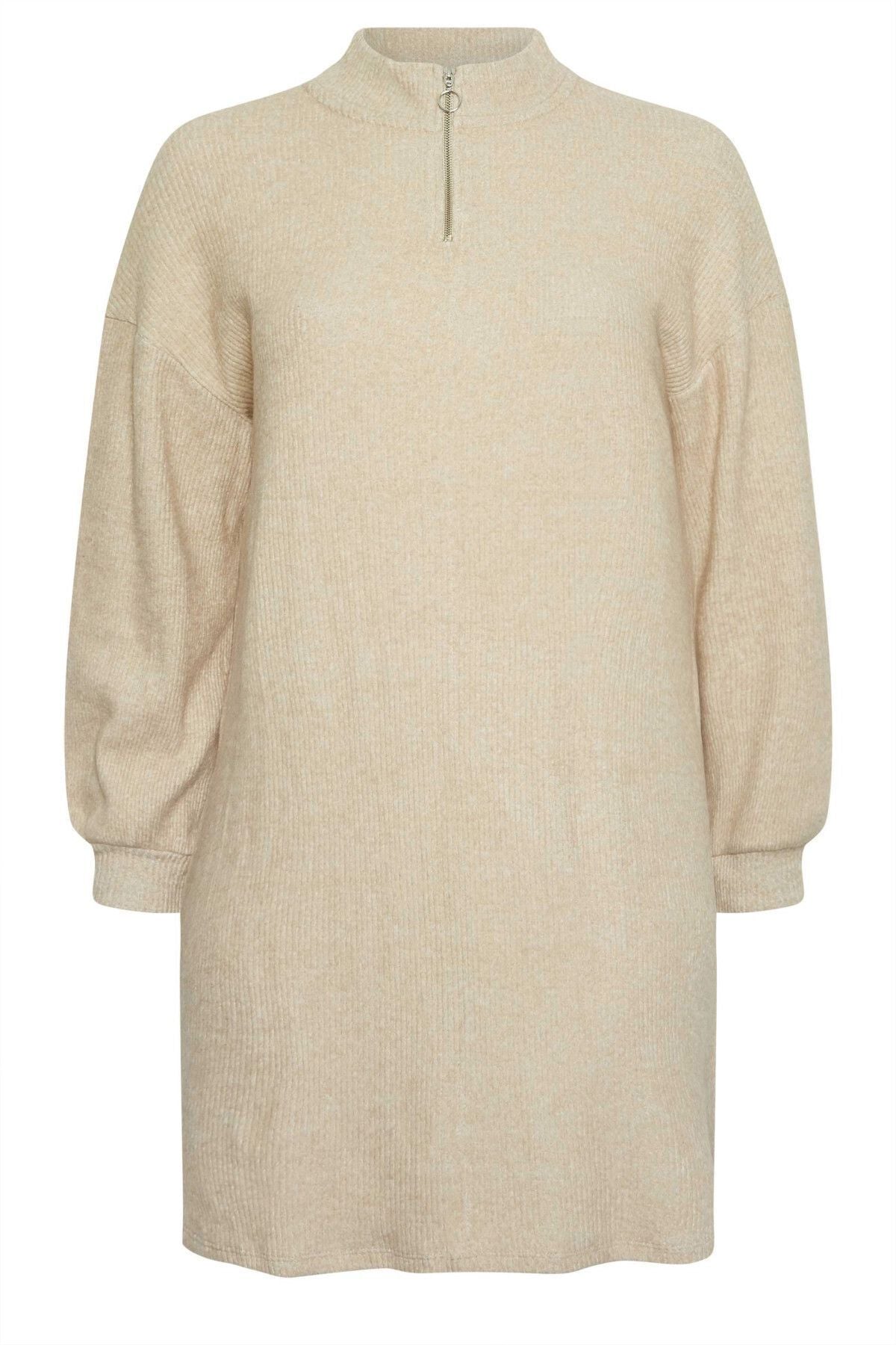 Büyük Beden Yakası Fermuarlı Uzun Kollu Midi Boy Elbise 302615