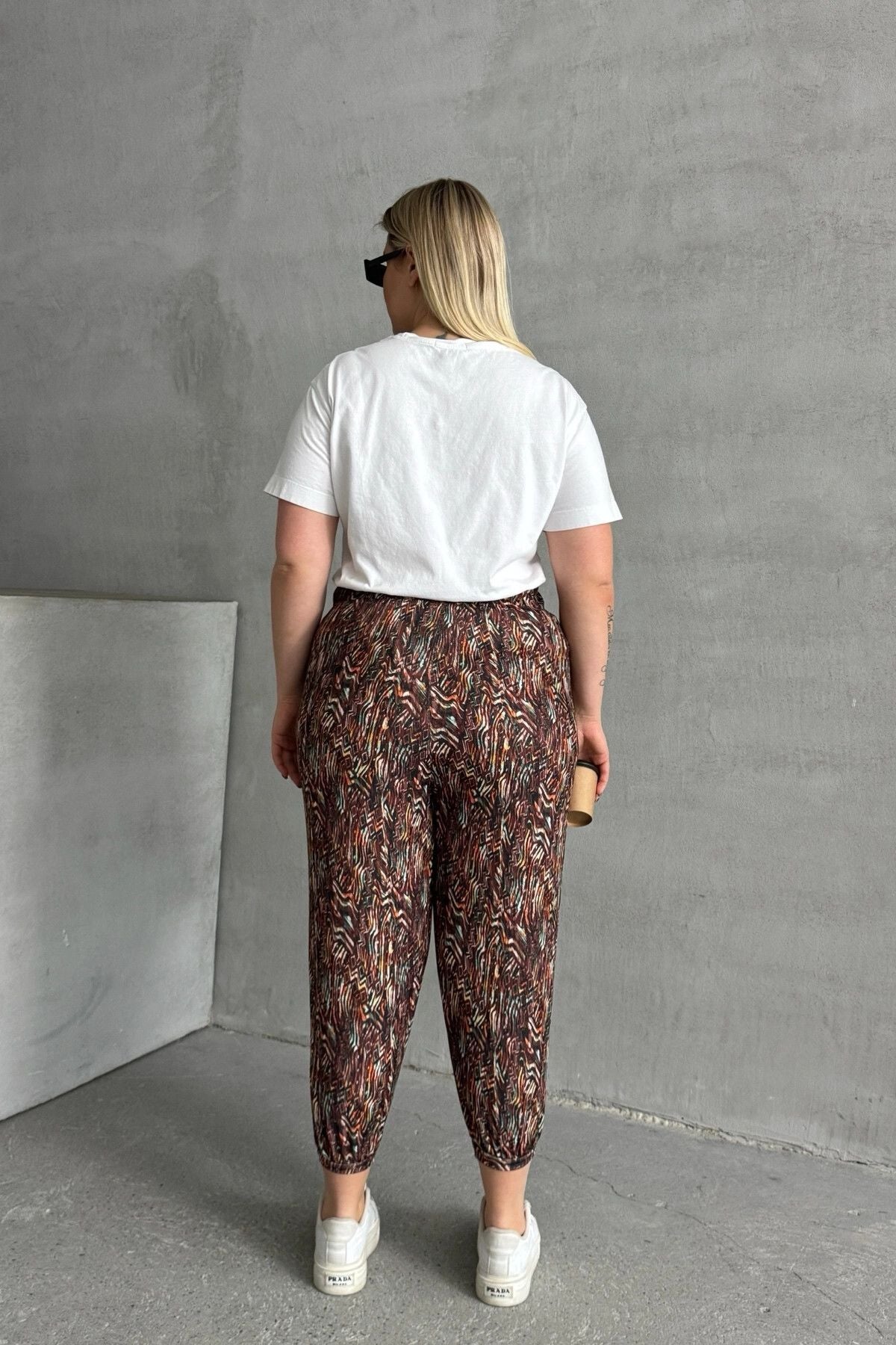 Büyük Beden Beli ve Paçası Lastikli Desenli Cepli Pantolon 74-77