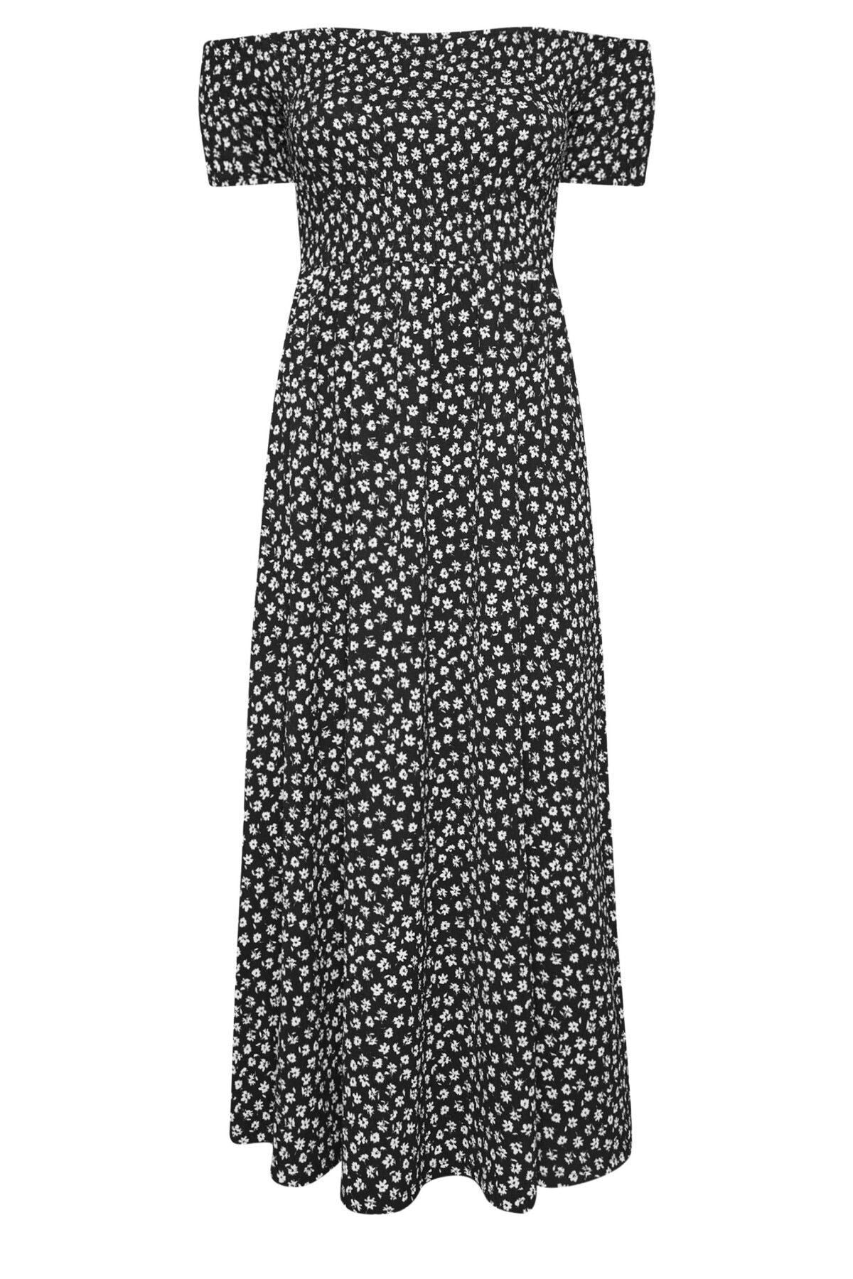 Büyük Beden Carmen Yaka Kısa Kollu Desenli Uzun Elbise 303282