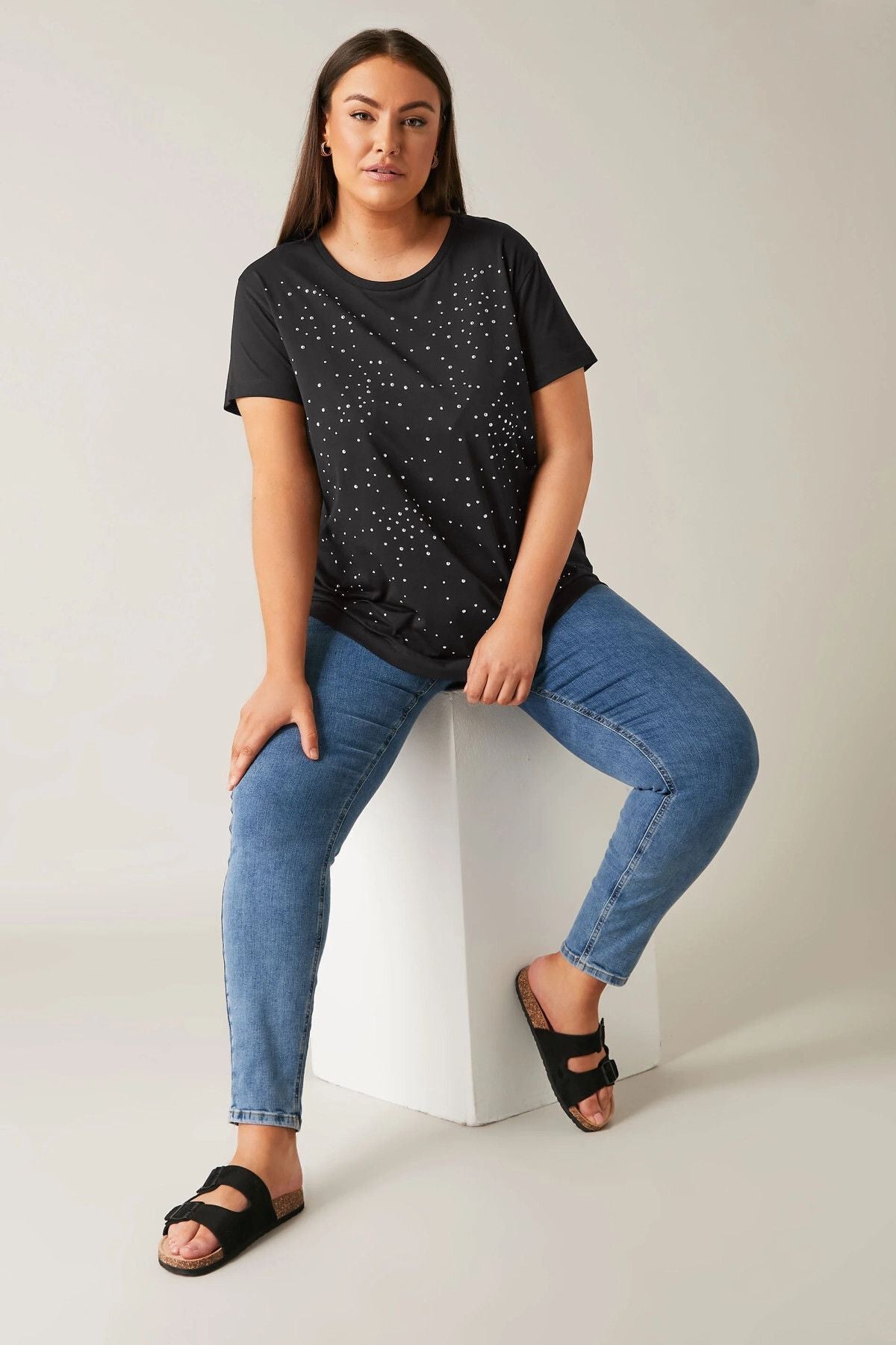 Büyük Beden Bisiklet Yaka Kısa Kollu Taş Yapıştırma Basic T-shirt 615350