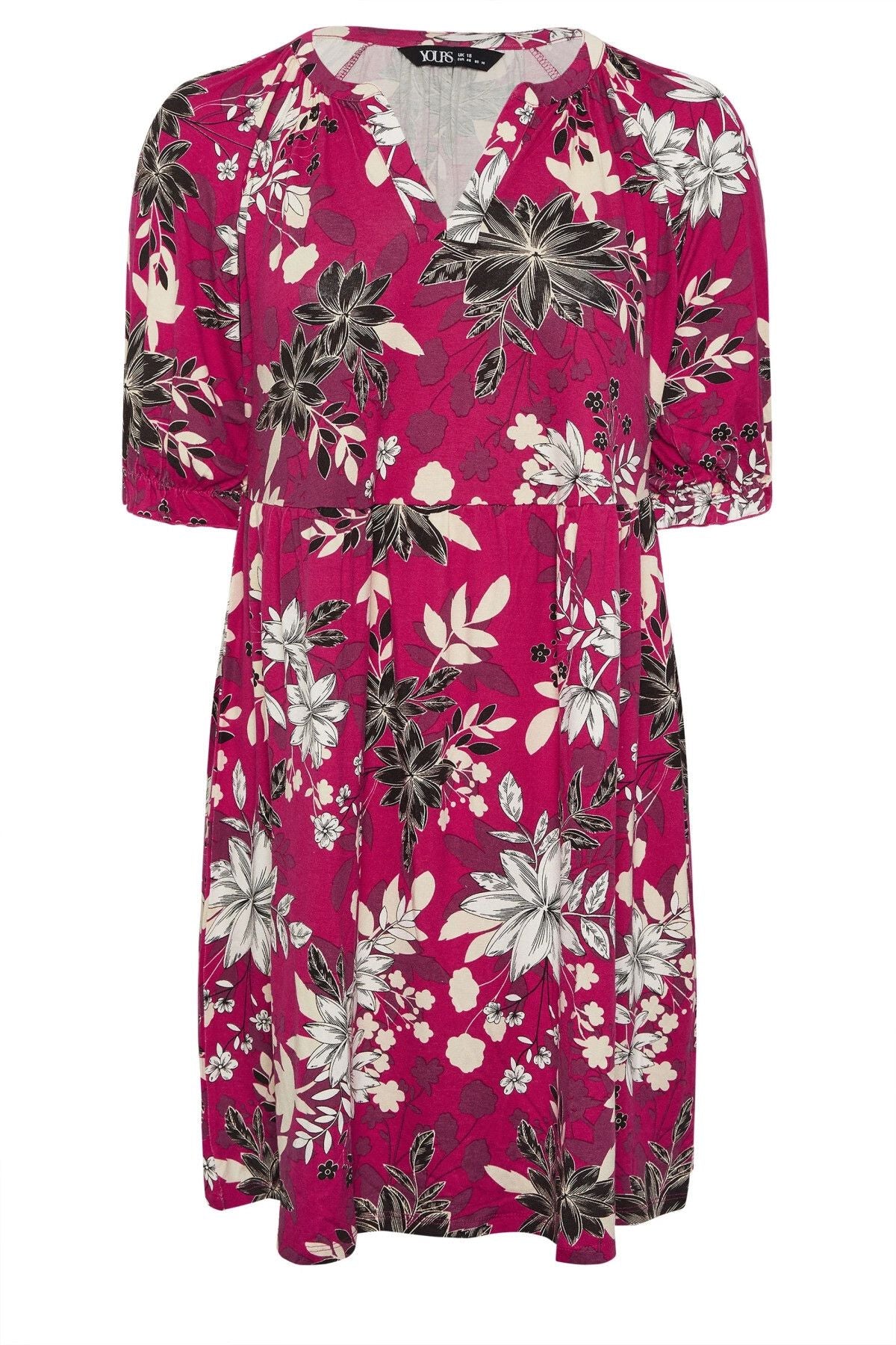 Büyük Beden V Yaka Kısa Kollu Çiçek Desenli Mini Elbise 304079