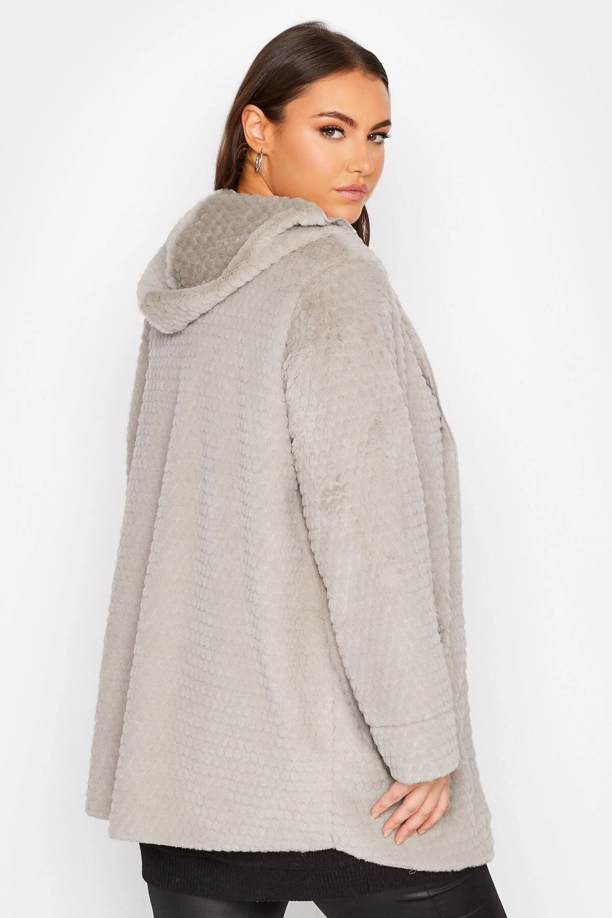 Büyük Beden Uzun Kollu Kapüşonlu Cepli Suni Kürk İnce Ceket 301652